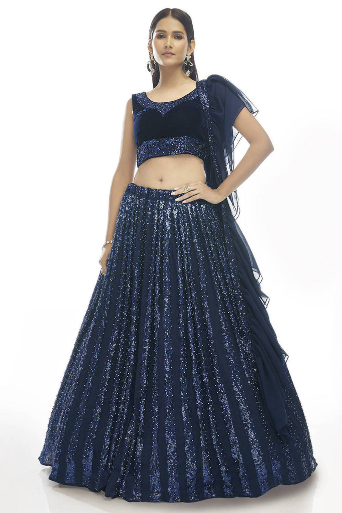 Navy Blue Sequins Work Velvet Designer Lehenga With Choli