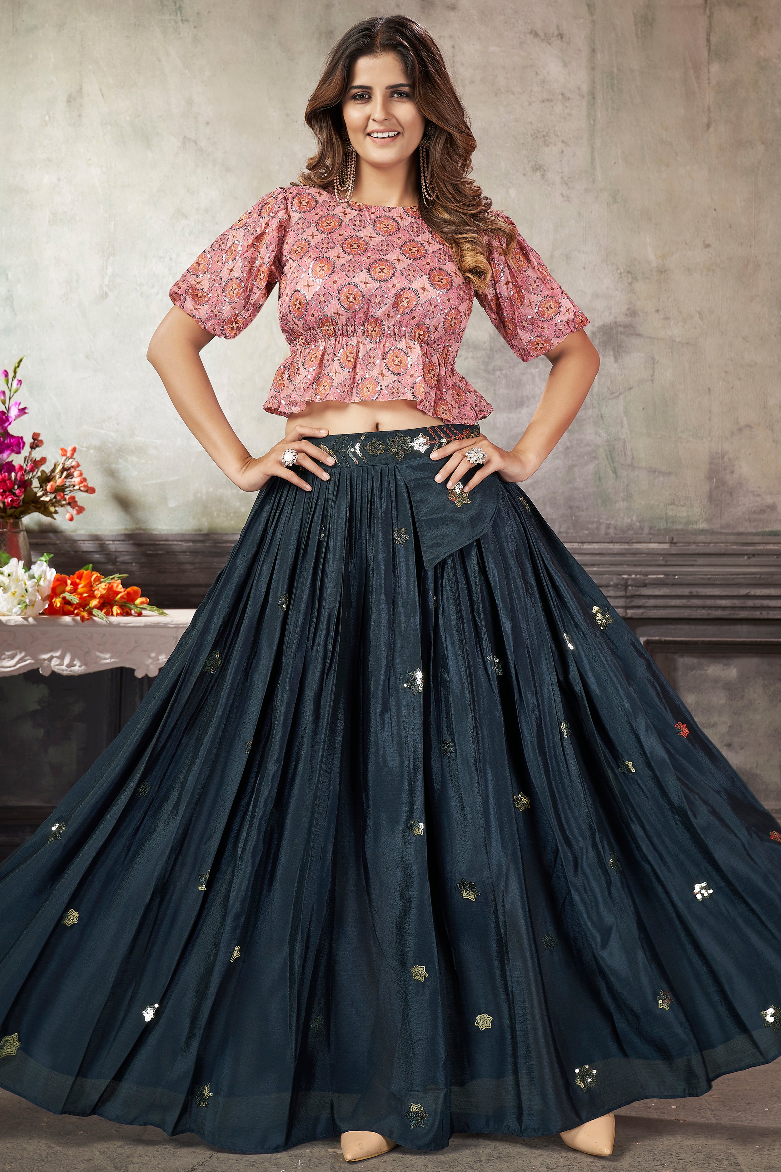 Jahanvi Kapoor Lehenga In Organza Fabric Stylish Crop Top Lehenga – Cygnus  Fashion