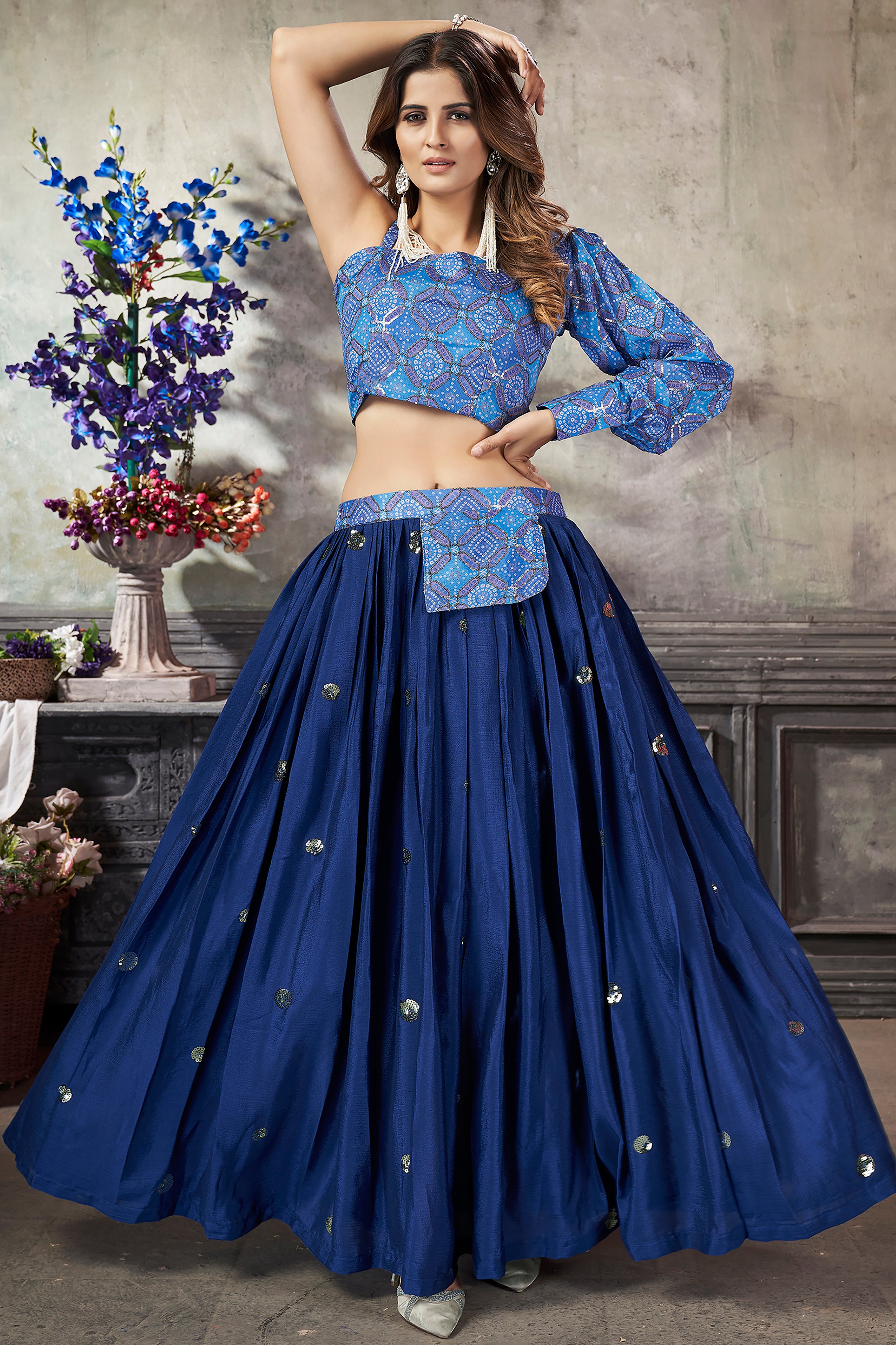Buy Royal Blue Sequins Art Silk Ready-Made Crop Top With Lehenga At  Designer Lehenga Choli