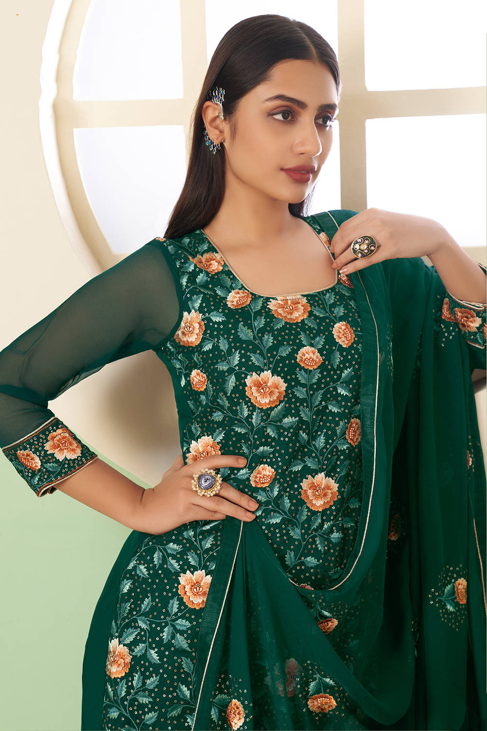 Green Thread Embroidery Georgette Suit With Sharara