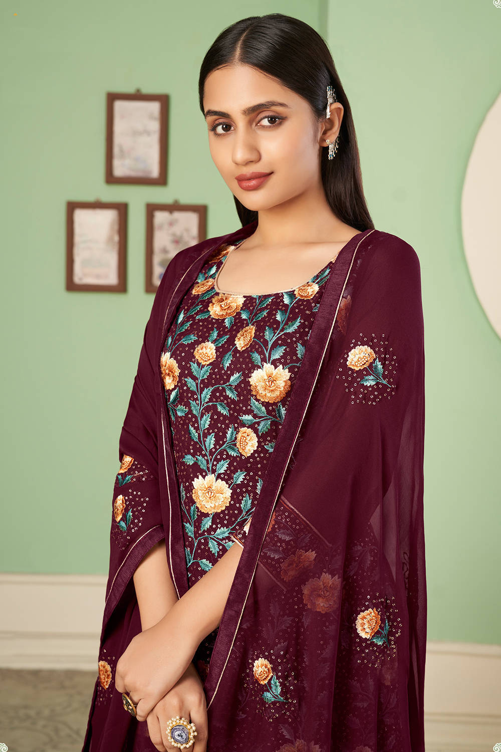 Maroon Thread Embroidery Georgette Suit With Sharara