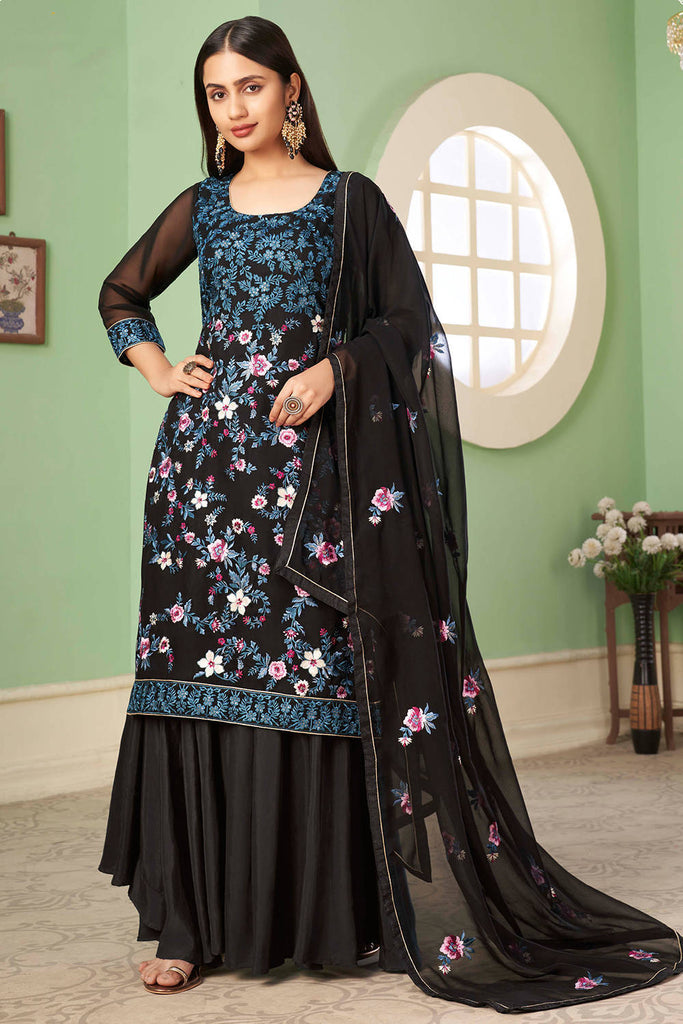 Black Thread Work Georgette Festival Suit With Sharara