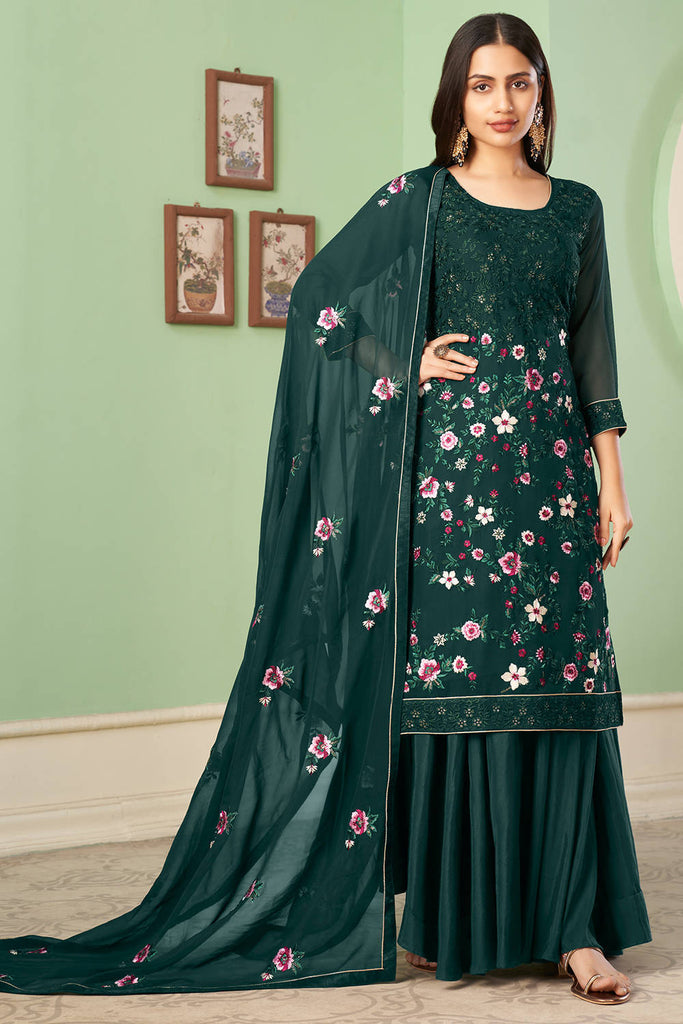 Deep Green Thread Work Georgette Festive Suit With Sharara