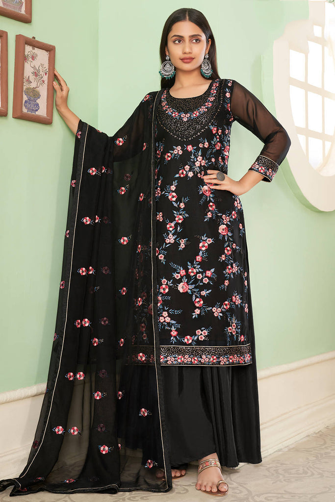 Black Thread, Sequins Work Georgette Suit With Sharara