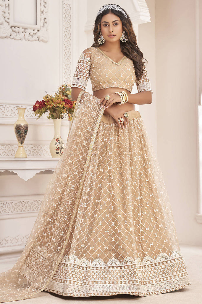 Beige Fancy Butterfly Net Designer Embroidered Lehenga With Choli