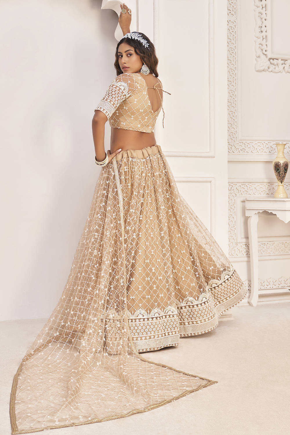 Beige Fancy Butterfly Net Designer Embroidered Lehenga With Choli