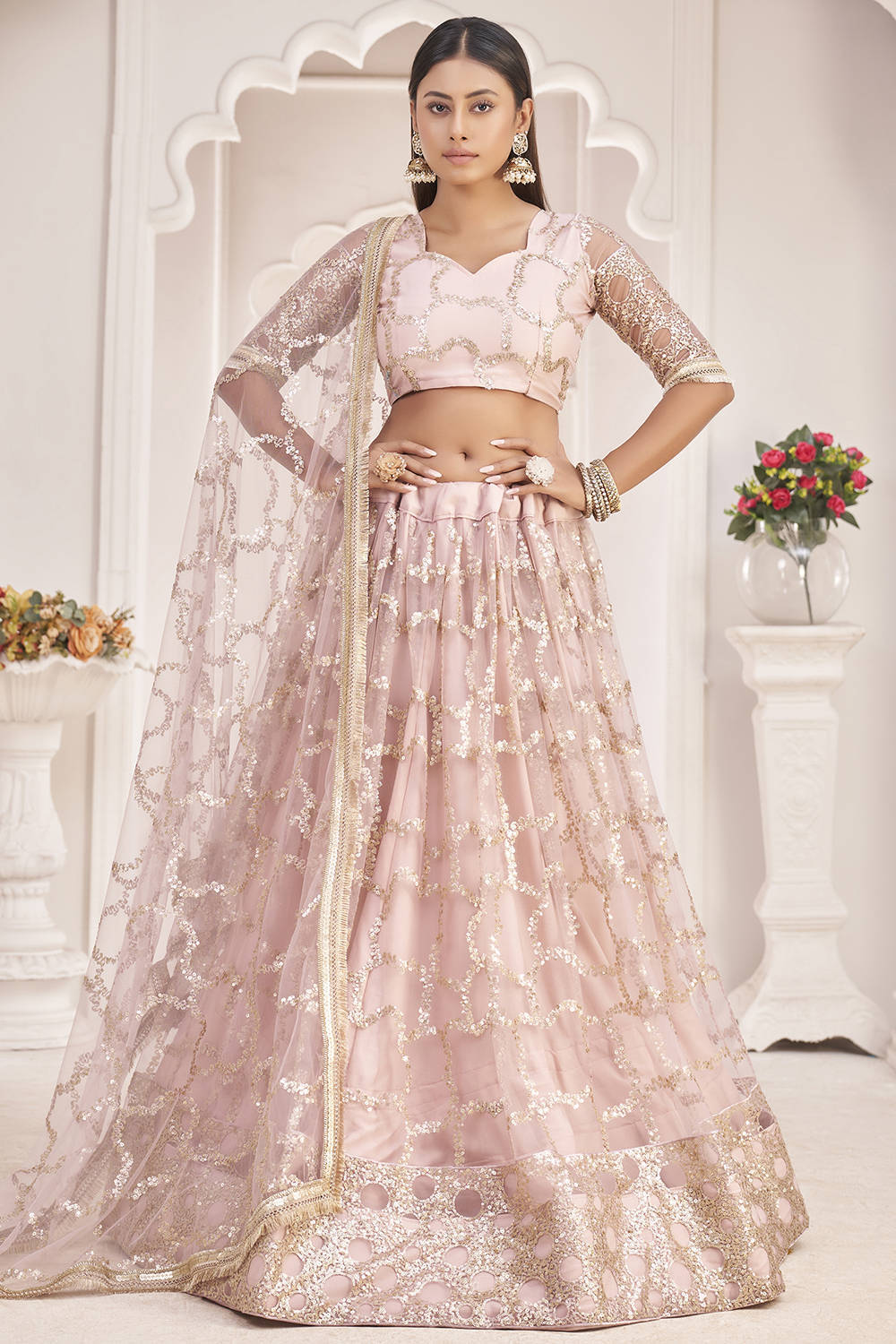 Light Pink Fancy Butterfly Net Designer Embroidered Lehenga With Choli