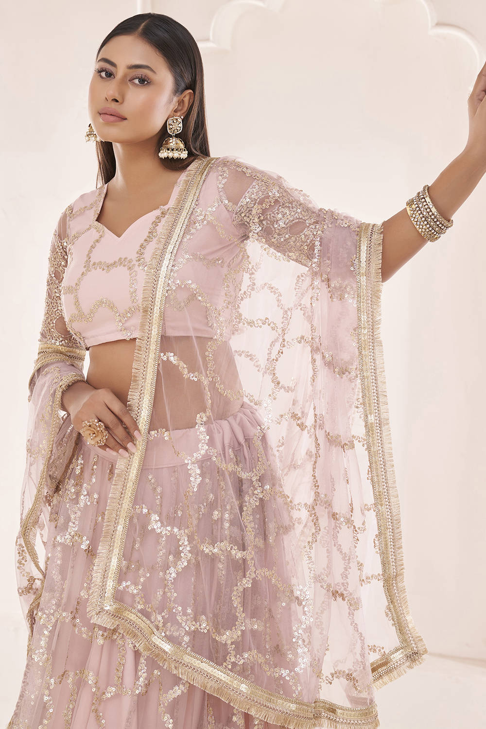 Light Pink Fancy Butterfly Net Designer Embroidered Lehenga With Choli