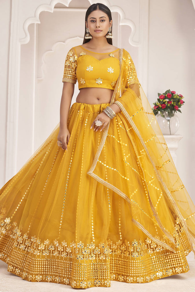 Buy Yellow Floral Printed Banglori Silk Bridal Lehenga Choli With Dupatta  Online from EthnicPlus for ₹2999