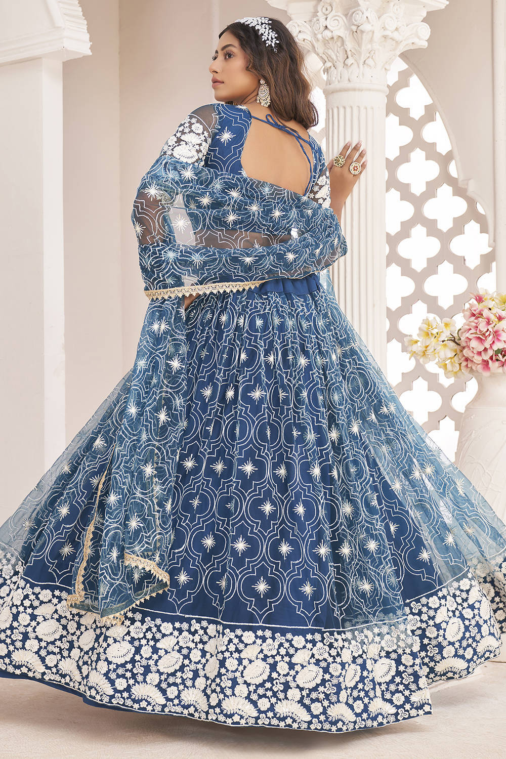 Navy Blue Fancy Butterfly Net Designer Embroidered Lehenga With Choli