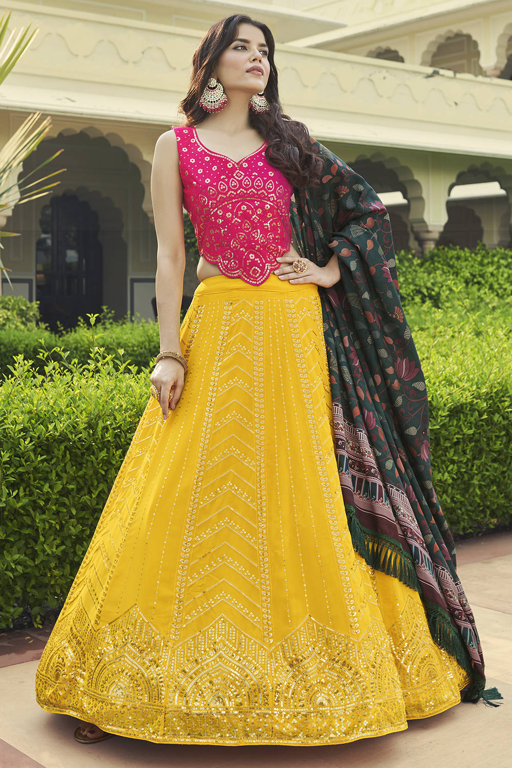 Buy Yellow Sequins Work Georgette Lehenga With Designer Choli At