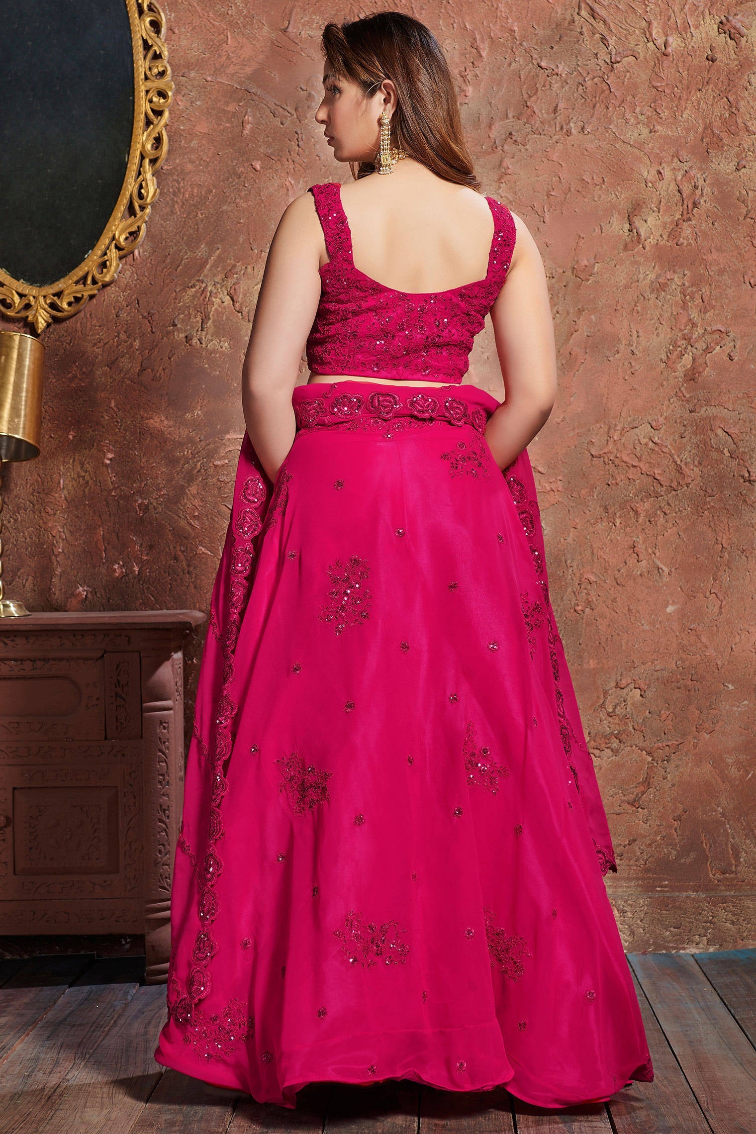 Alluring Pink Sequins Embroidered Georgette Silk Wedding Semi Stitched Lehenga Choli