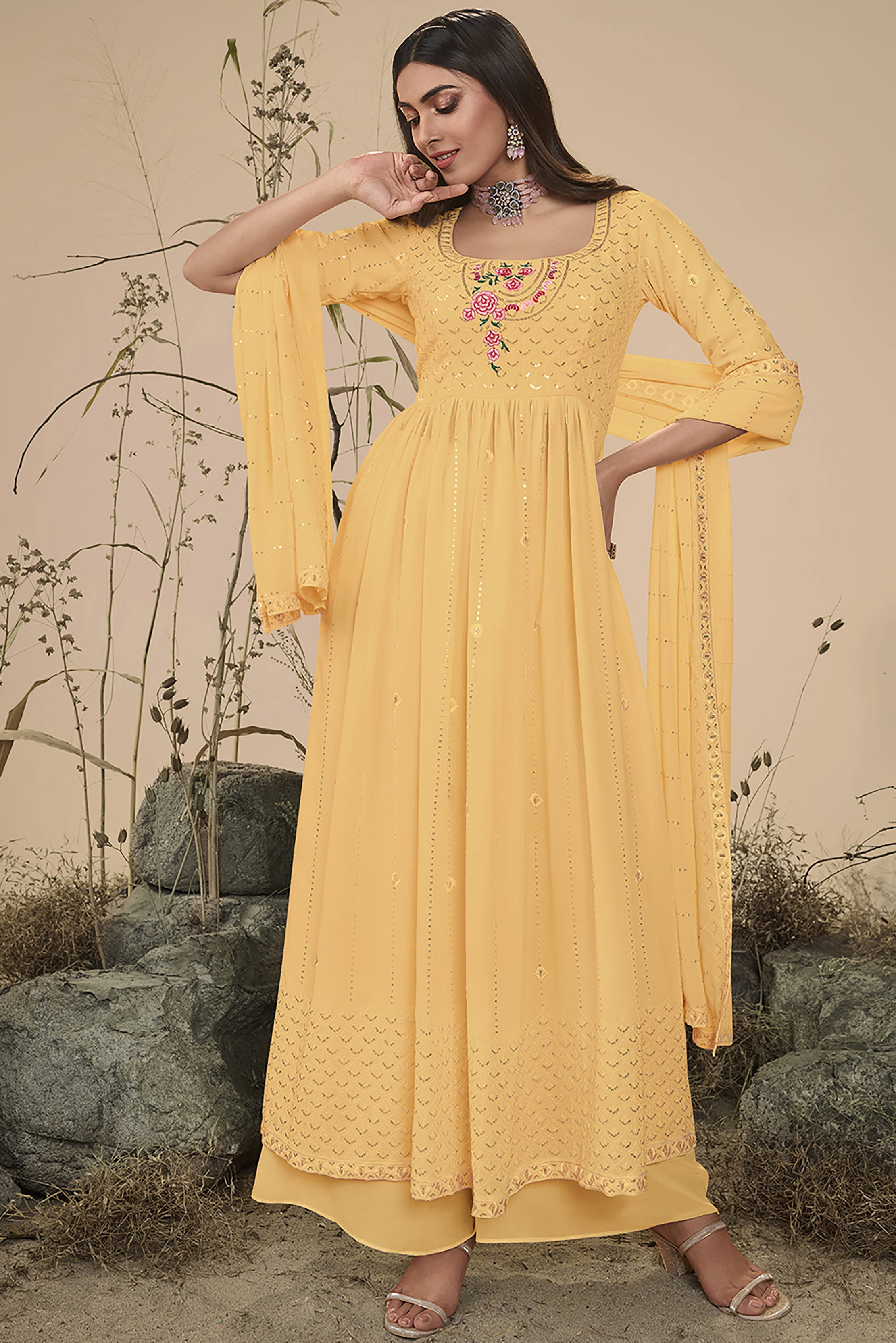 Yellow Sequins Embroidered Georgette Ready-Made Palazzo Suit