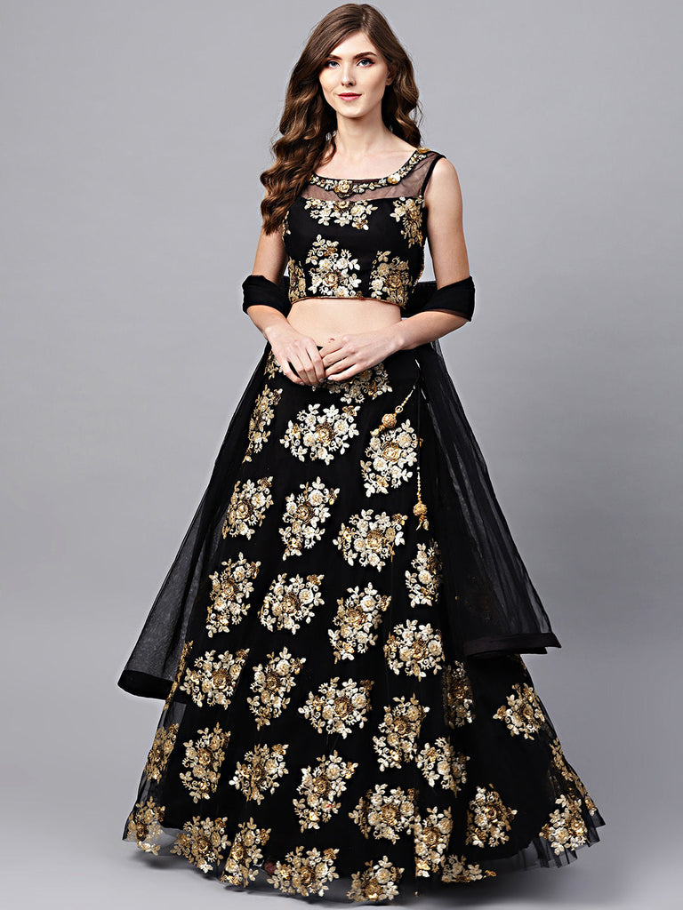 Black-gold Partywear Woven Zari Banarasi Jacquard Lehenga Choli