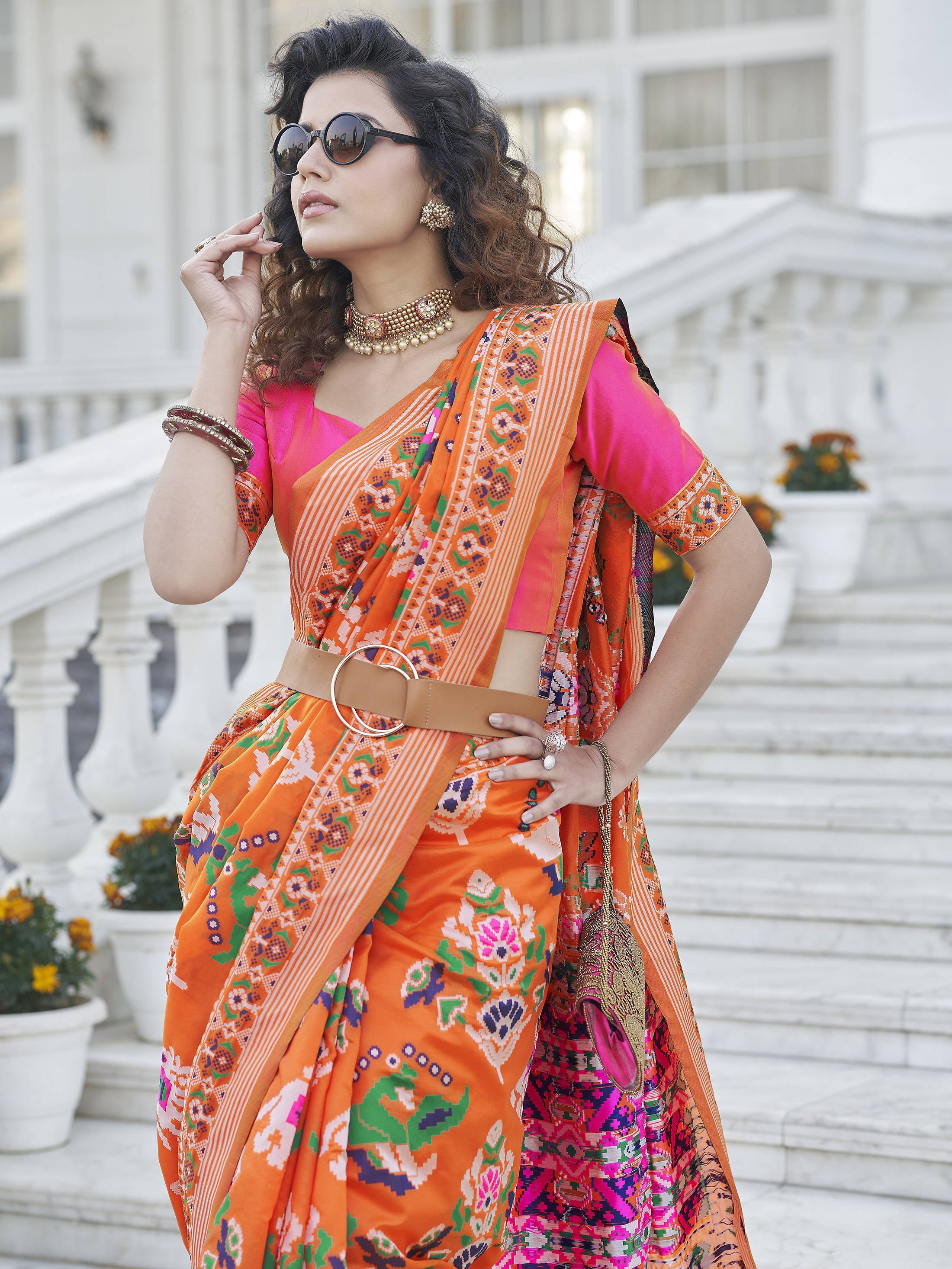 Pretty Orange Patola Weaving Silk Wedding Wear Saree