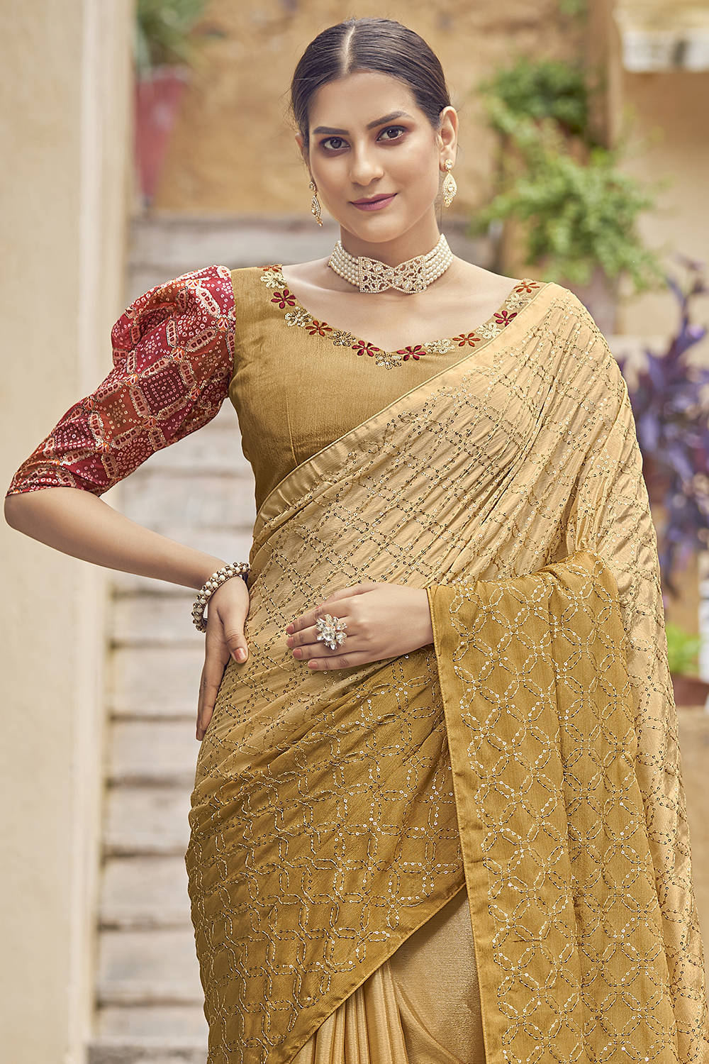 Yellow Shaded Sequins Work Chinon Saree With Stylish Blouse