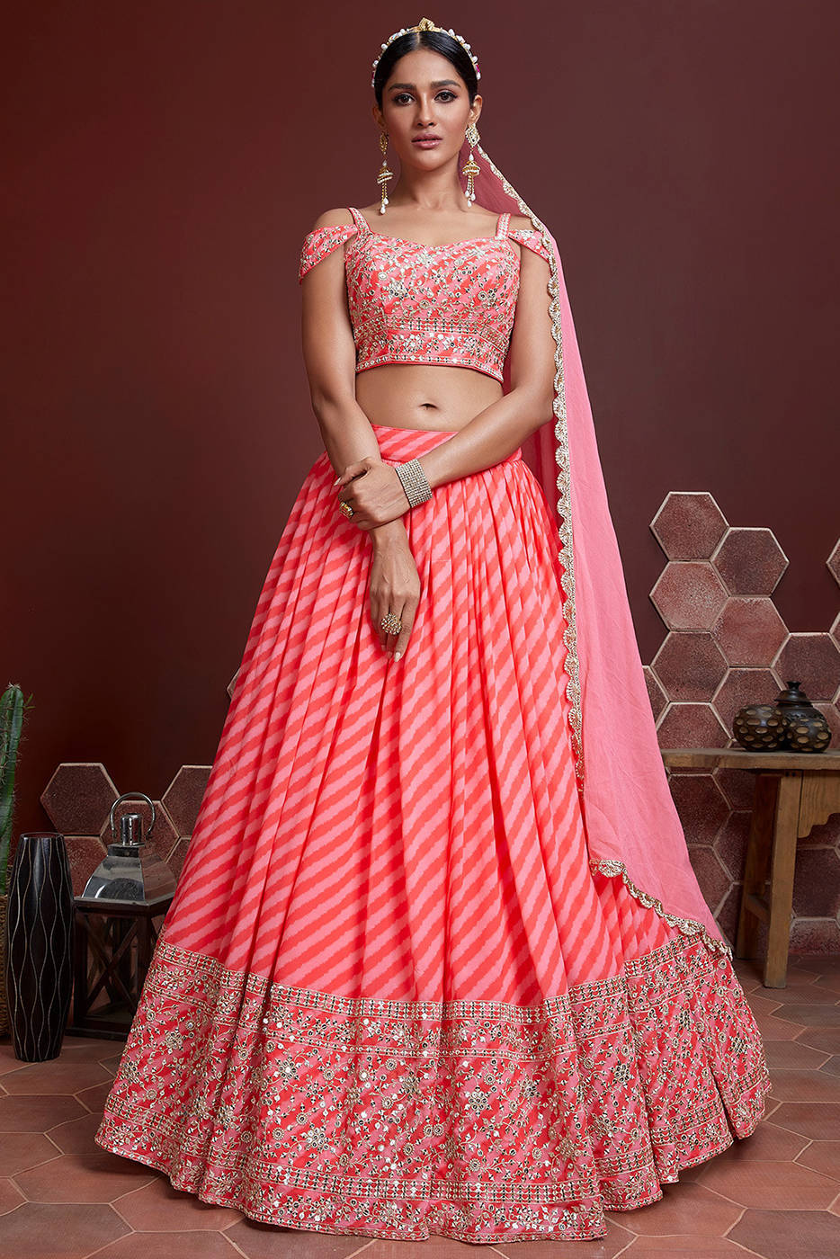 Pure Silk Fabric Designer Lehenga Choli in Pink and Peach Color