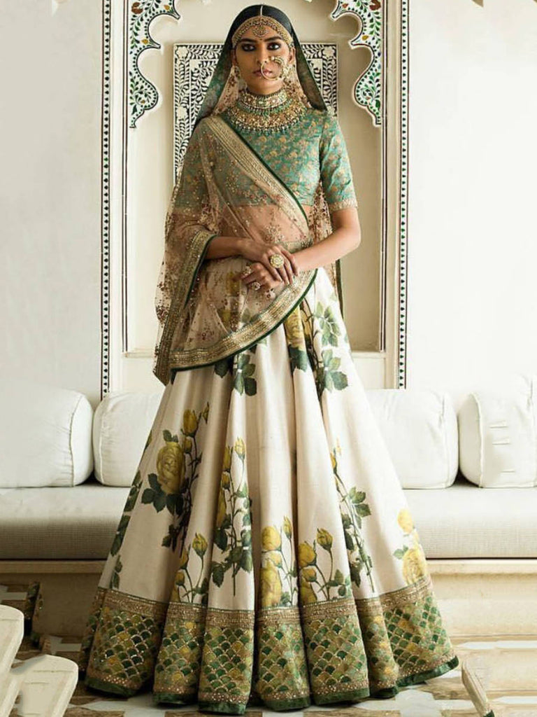 Glamorous Floral Print Off White Lehenga with Heavily Embroidered Blouse