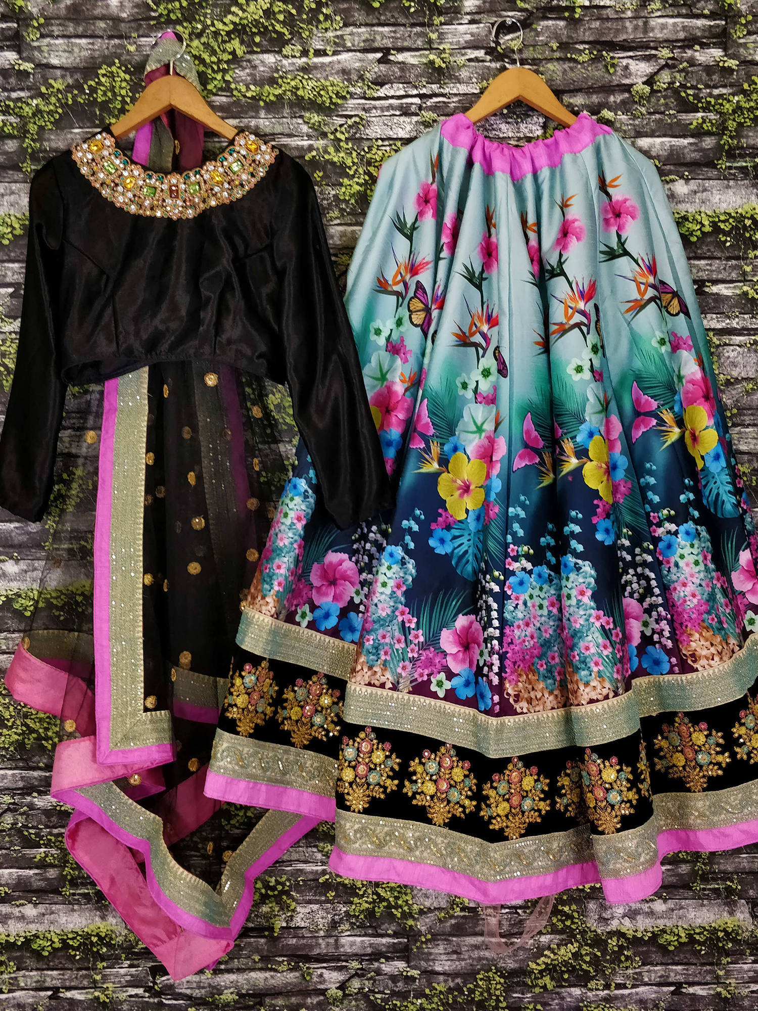 Dazzling Floral Printed Black Lehenga Skirt with Velvet Blouse