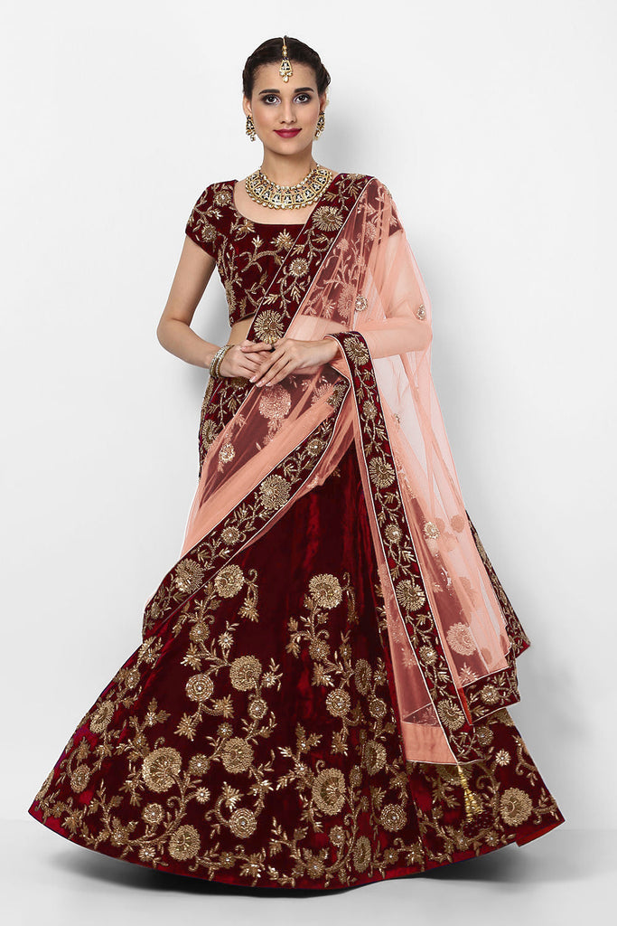 Velvet Silk Embroidery Lehenga Choli In Maroon Colour - LD5590020
