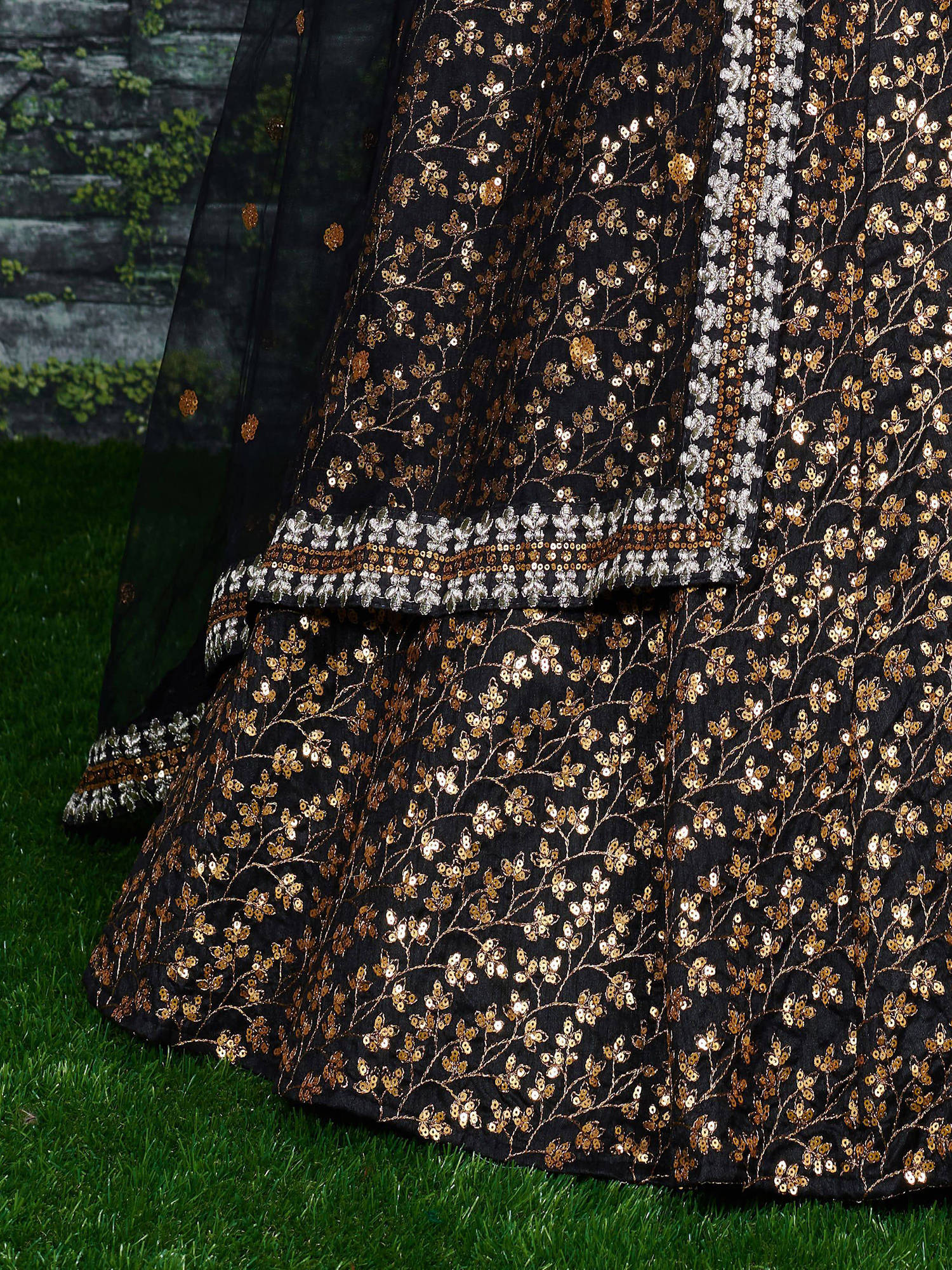 Vine Pattern Golden Sequins Black Silk Lehenga Choli Set