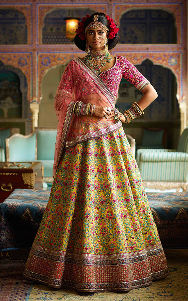 Buy Pink Organza Choli and Yellow Net Embroidery Lehenga for Girls Online