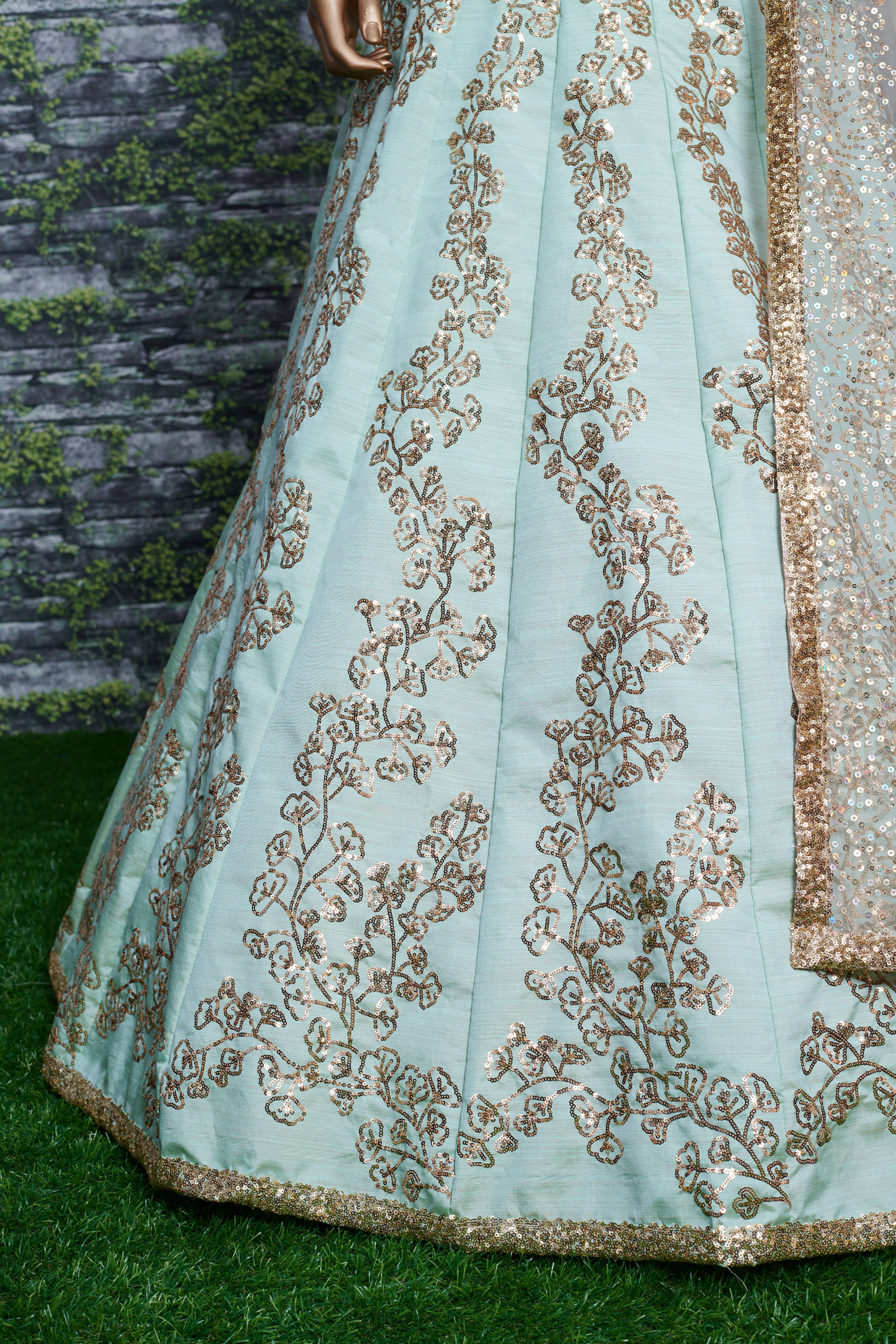 Glorious Mint Green Sequins Silk Bridal Lehenga Choli With Beige Dupatta