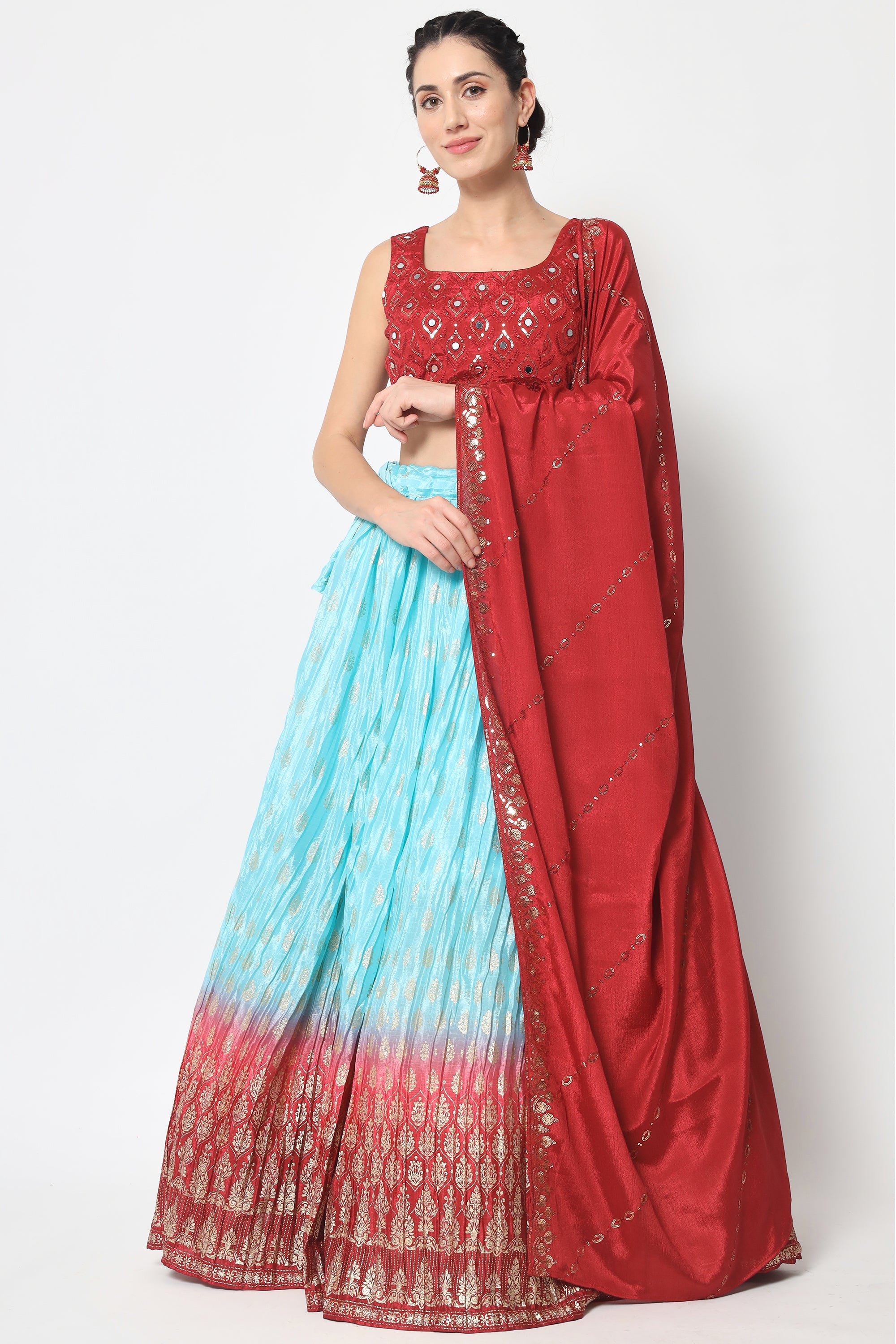 Sky Blue-Red Chinon Silk Foil Printed Designer Lehenga Choli