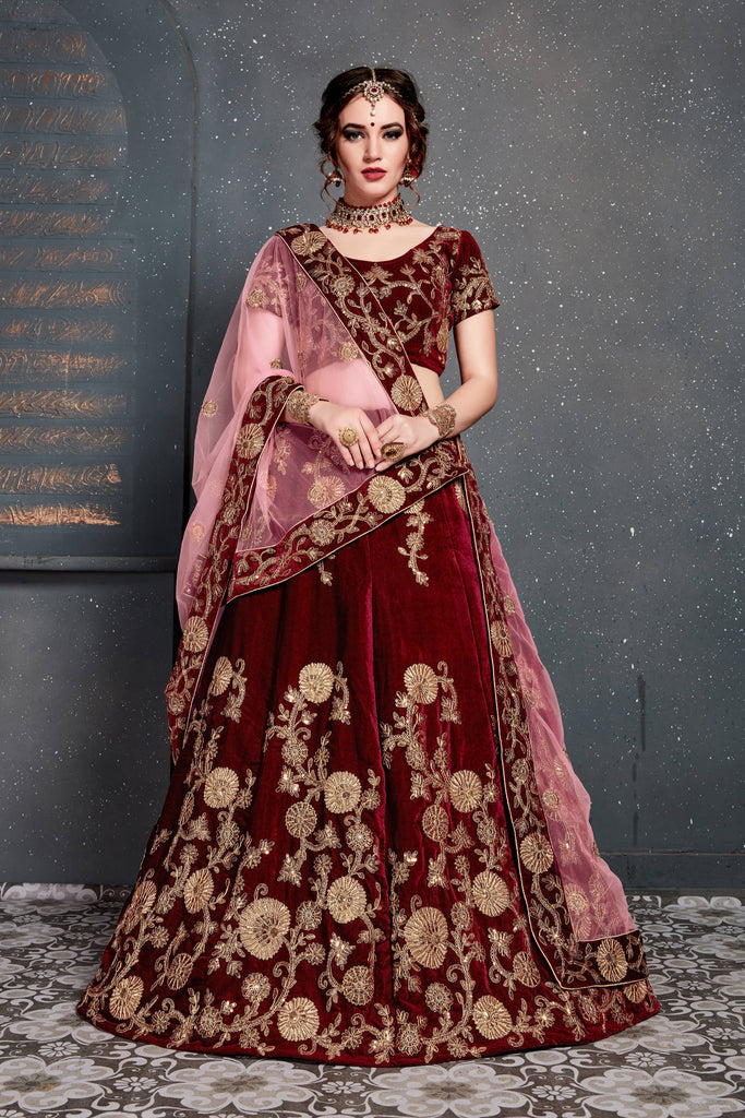 Maroon Bridal Lehenga Choli in Velvet with Embroidery and Pe