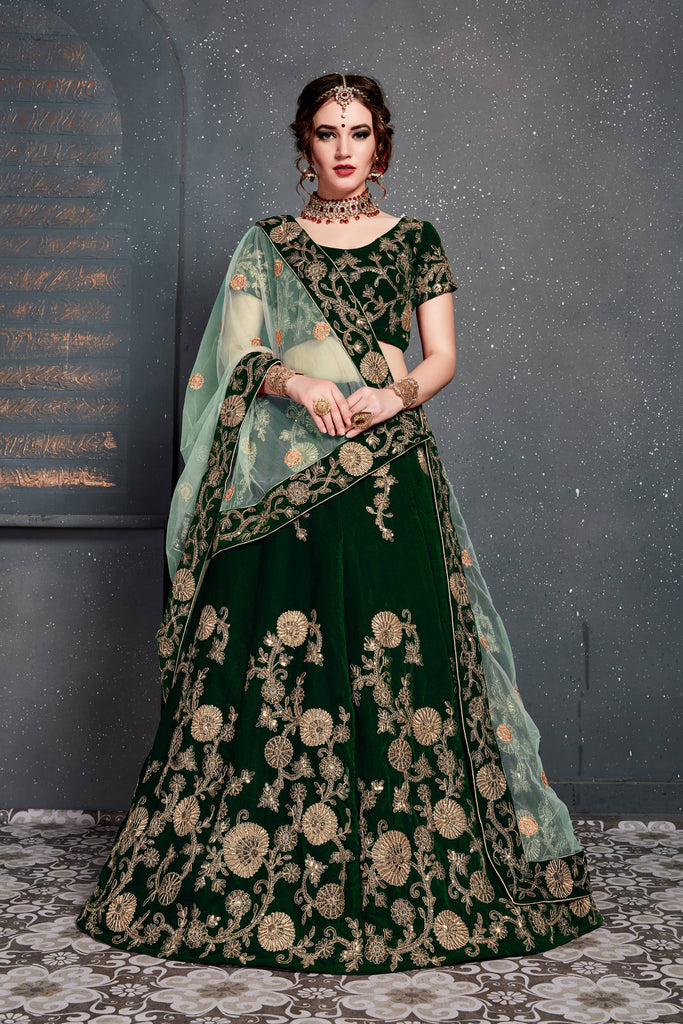 Demanding Dark Green Bridal Wear Embroidered Velvet Lehenga Choli
