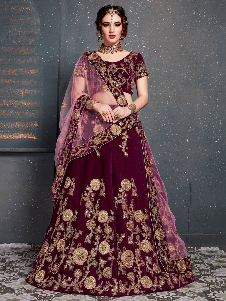 Asian India Wedding Lehenga Costumes Asia Indian Traditional Festival Bride  Embroidered Purple Silk Blouse and Skirt and Sari Complete Set
