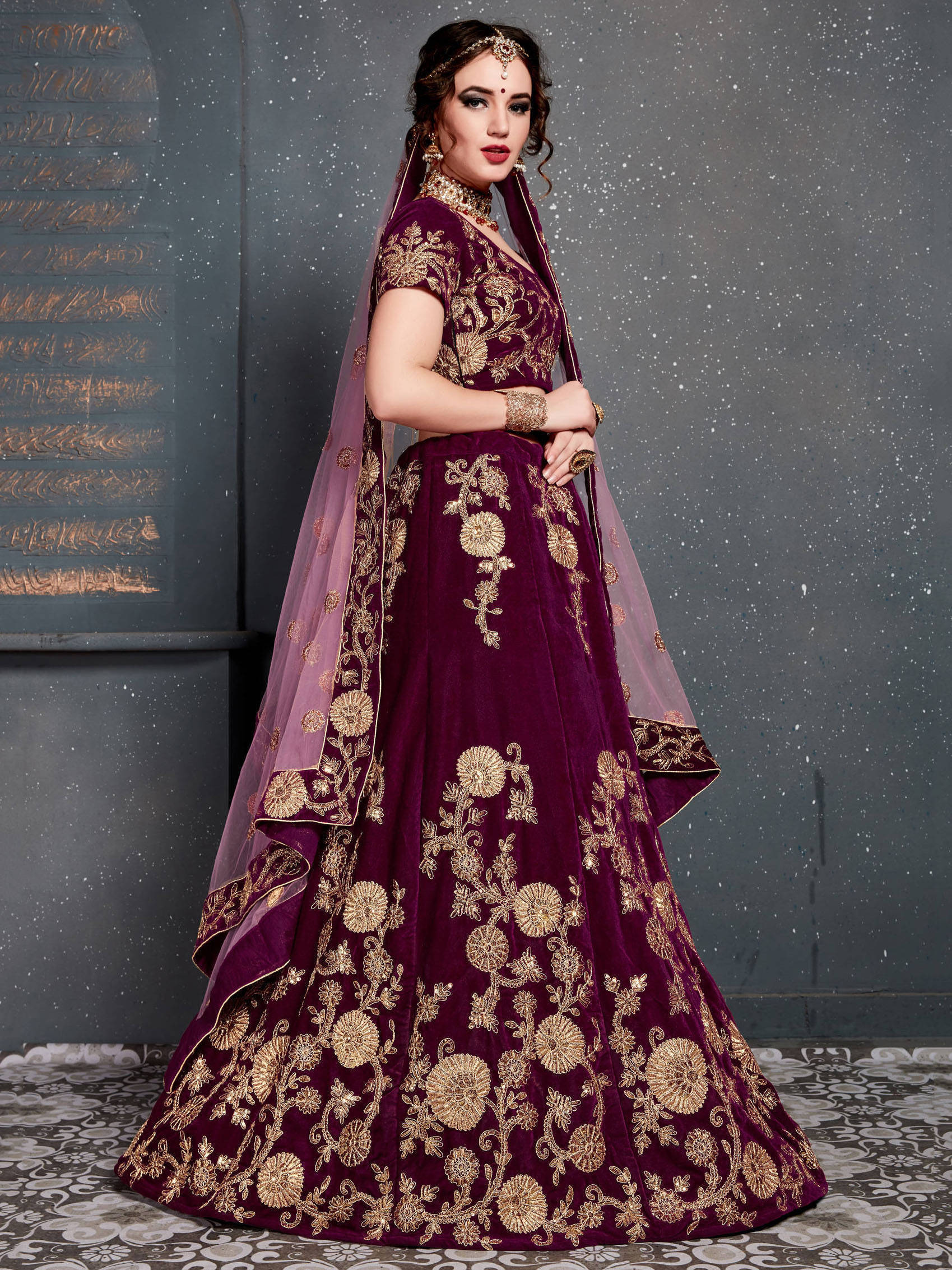 Graceful Purple Embroidered Velvet Bridal Lehenga Choli
