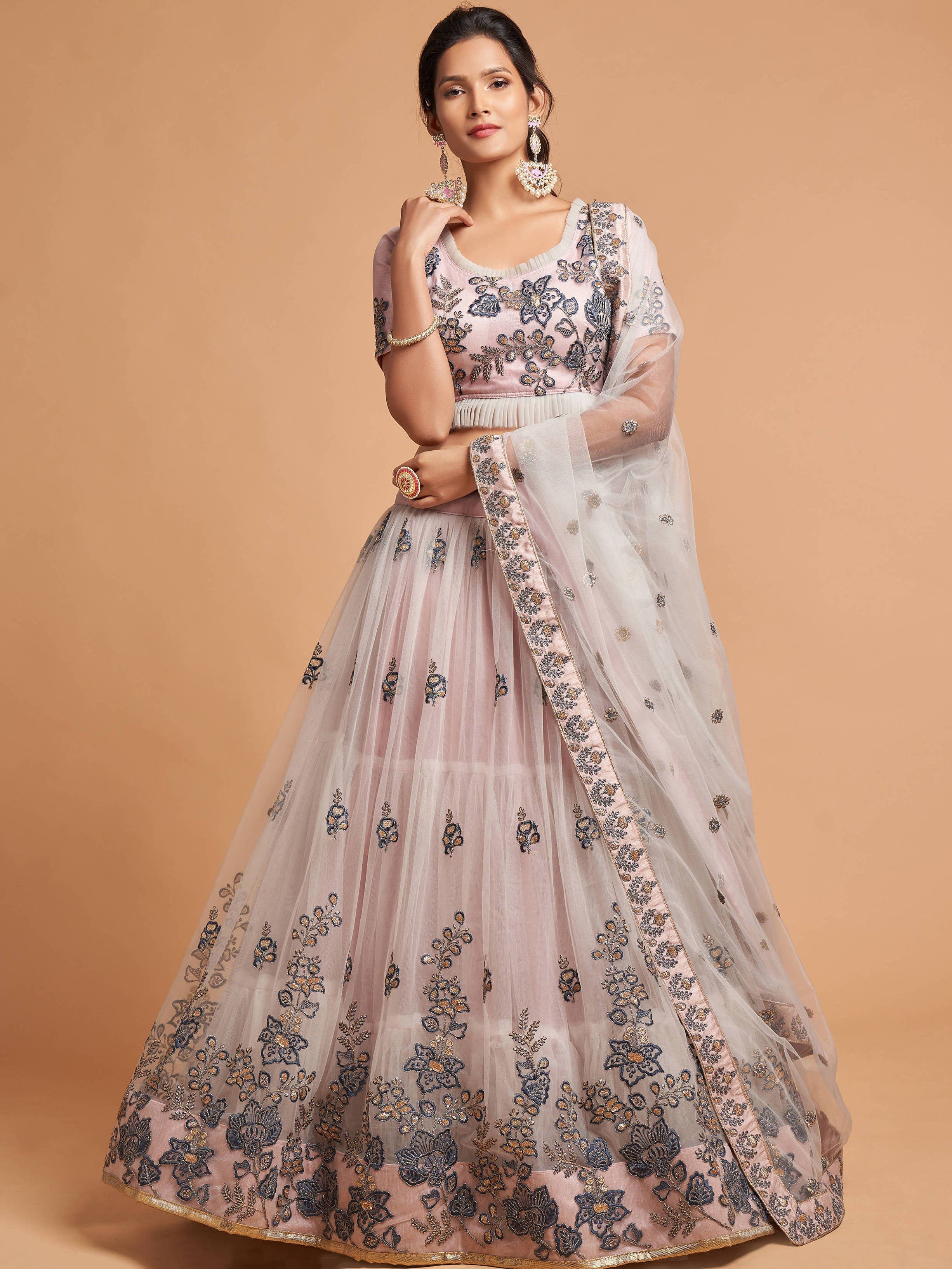 Marvelous Grey Zari Embroidered Net Wedding Wear Lehenga Choli