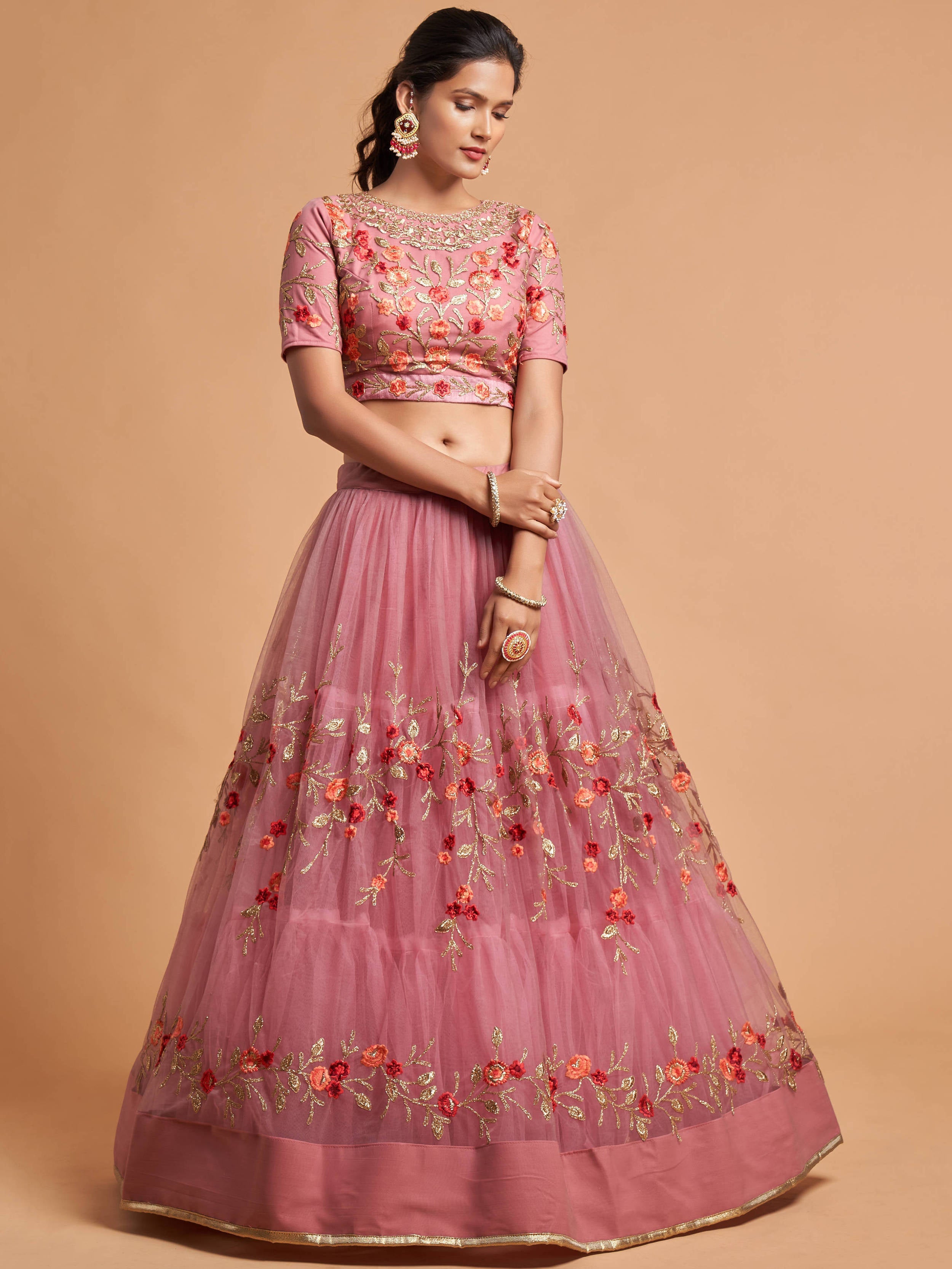 Glossy Dusty Pink Thread Embroidery Net Party wear Lehenga Choli