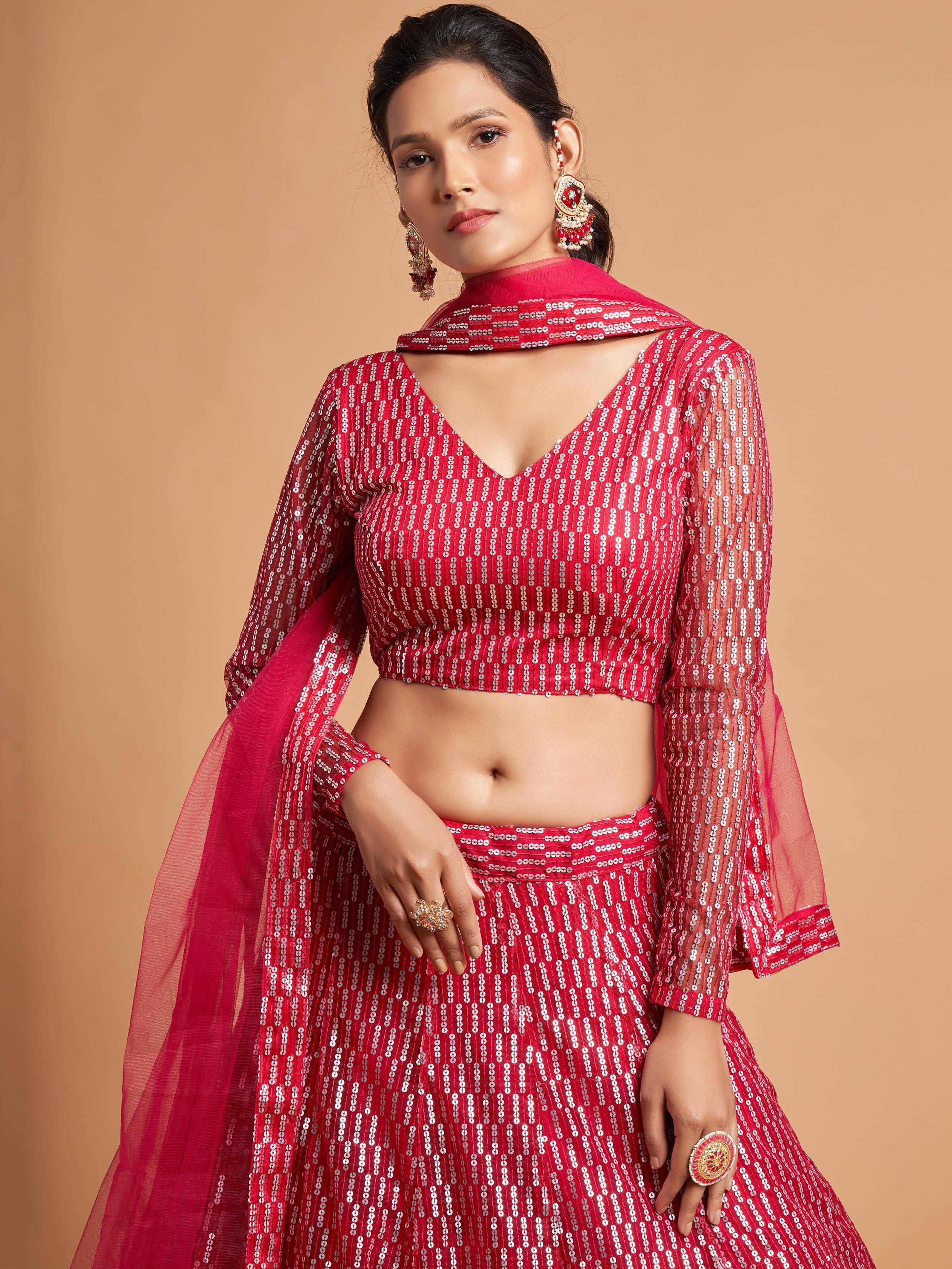 Lovesome Hot Pink Thread Embroidery Net Party wear Lehenga Choli