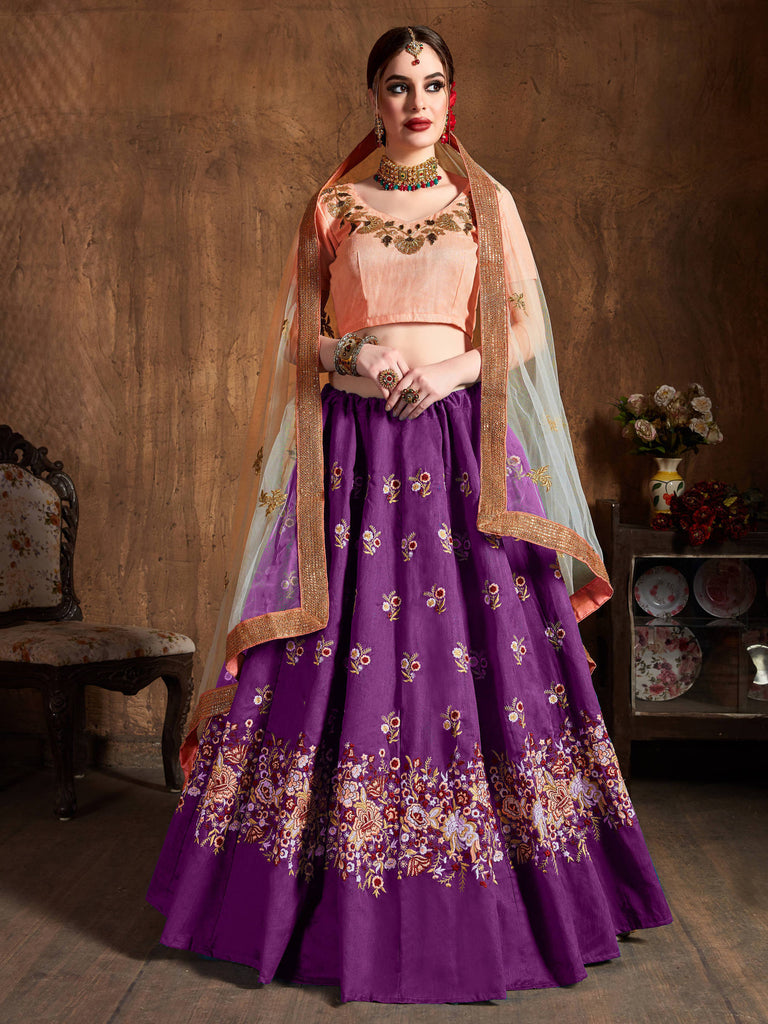 Marvelous Purple Thread Work Raw Silk Bridal Lehenga Choli