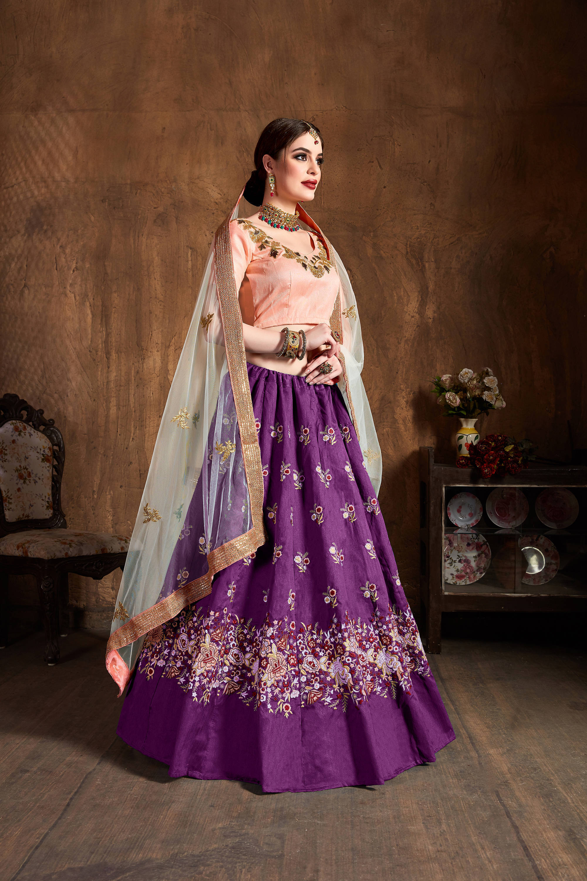 Marvelous Purple Thread Work Raw Silk Bridal Lehenga Choli