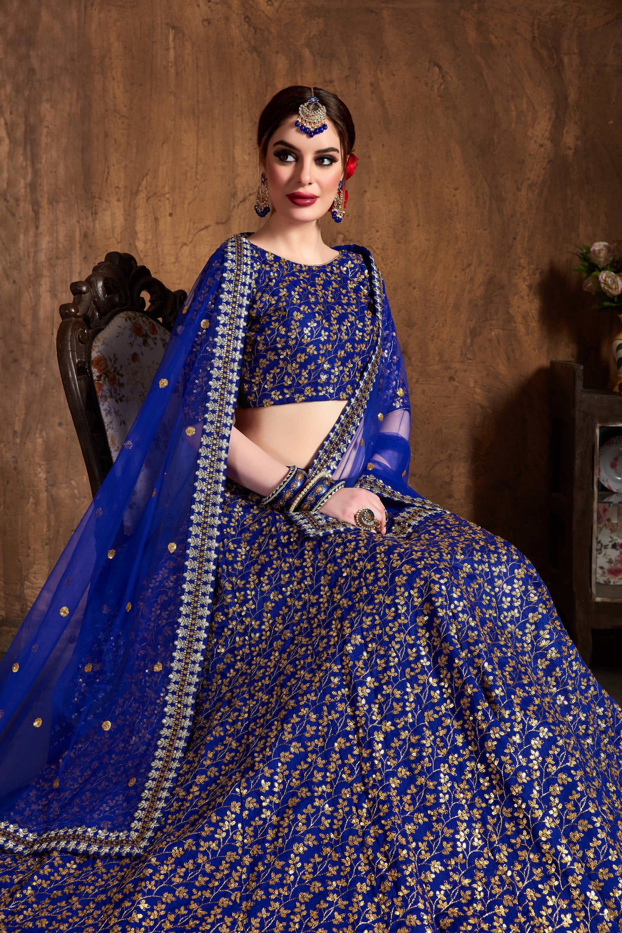 Intricate Royal Blue Sequins Raw Silk Bridal Lehenga Choli