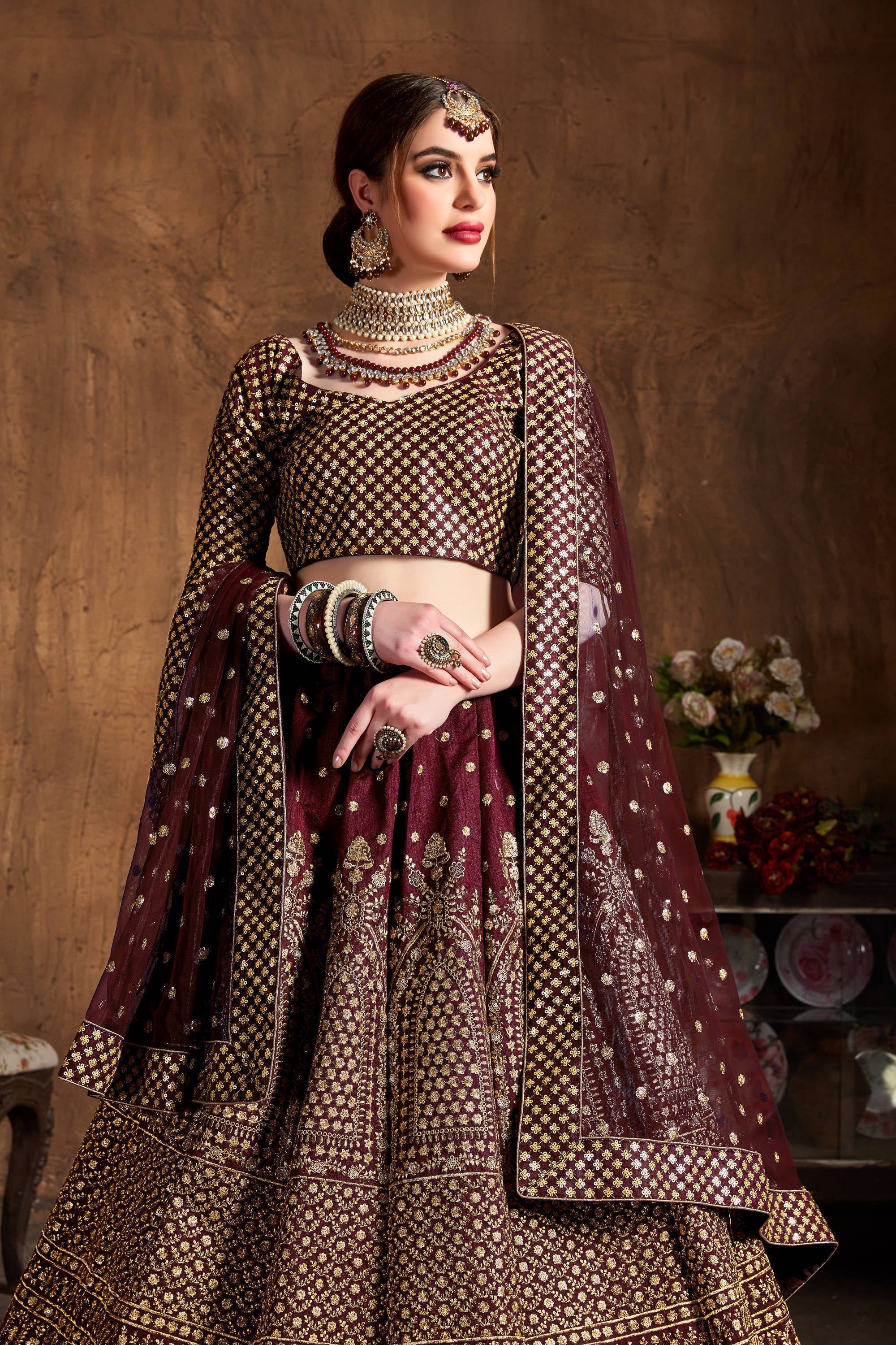 Desirable Maroon Sequins Raw Silk Wedding Lehenga Choli