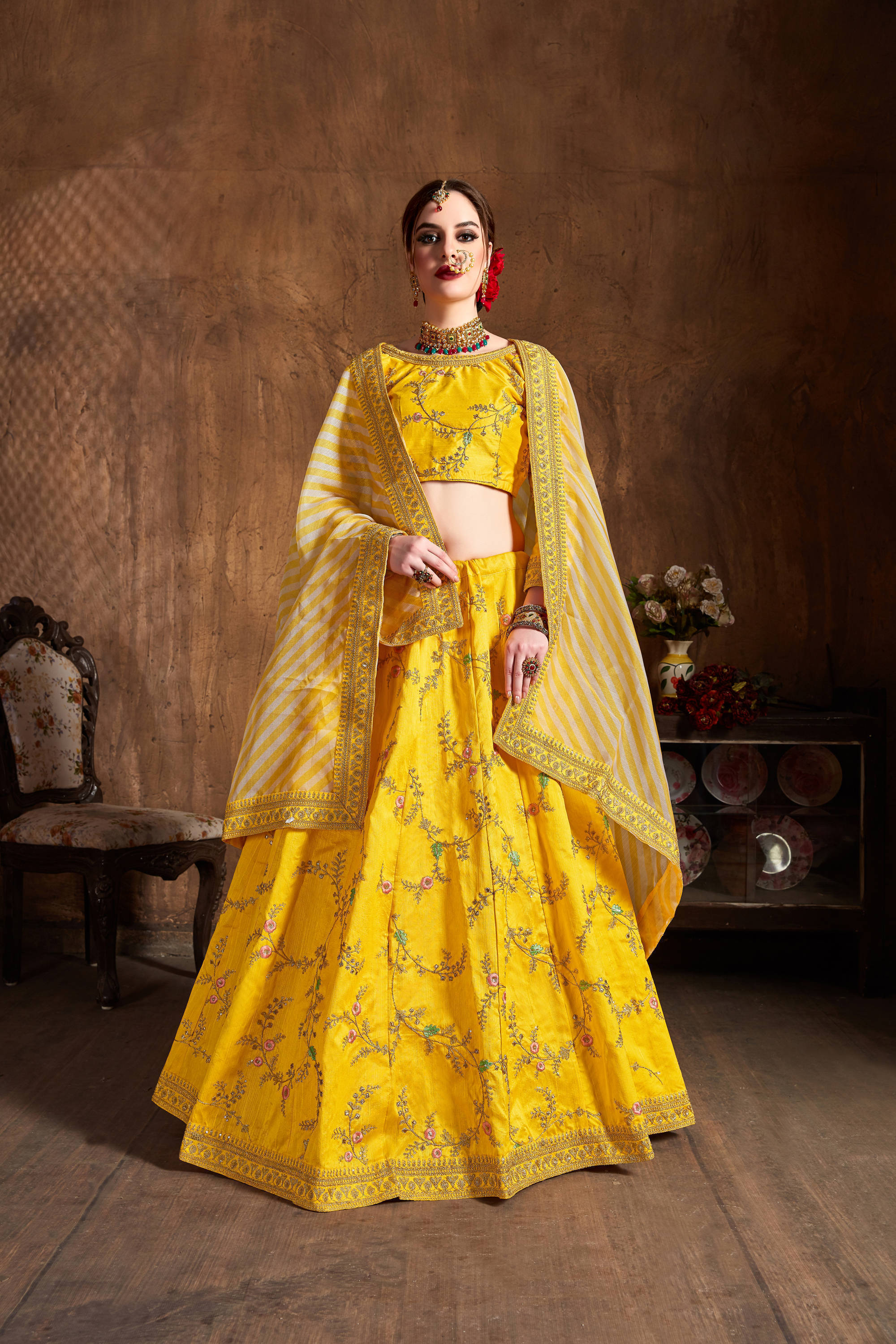 Glowing Yellow Thread Embroidery Mulberry Silk Wedding Lehenga Choli