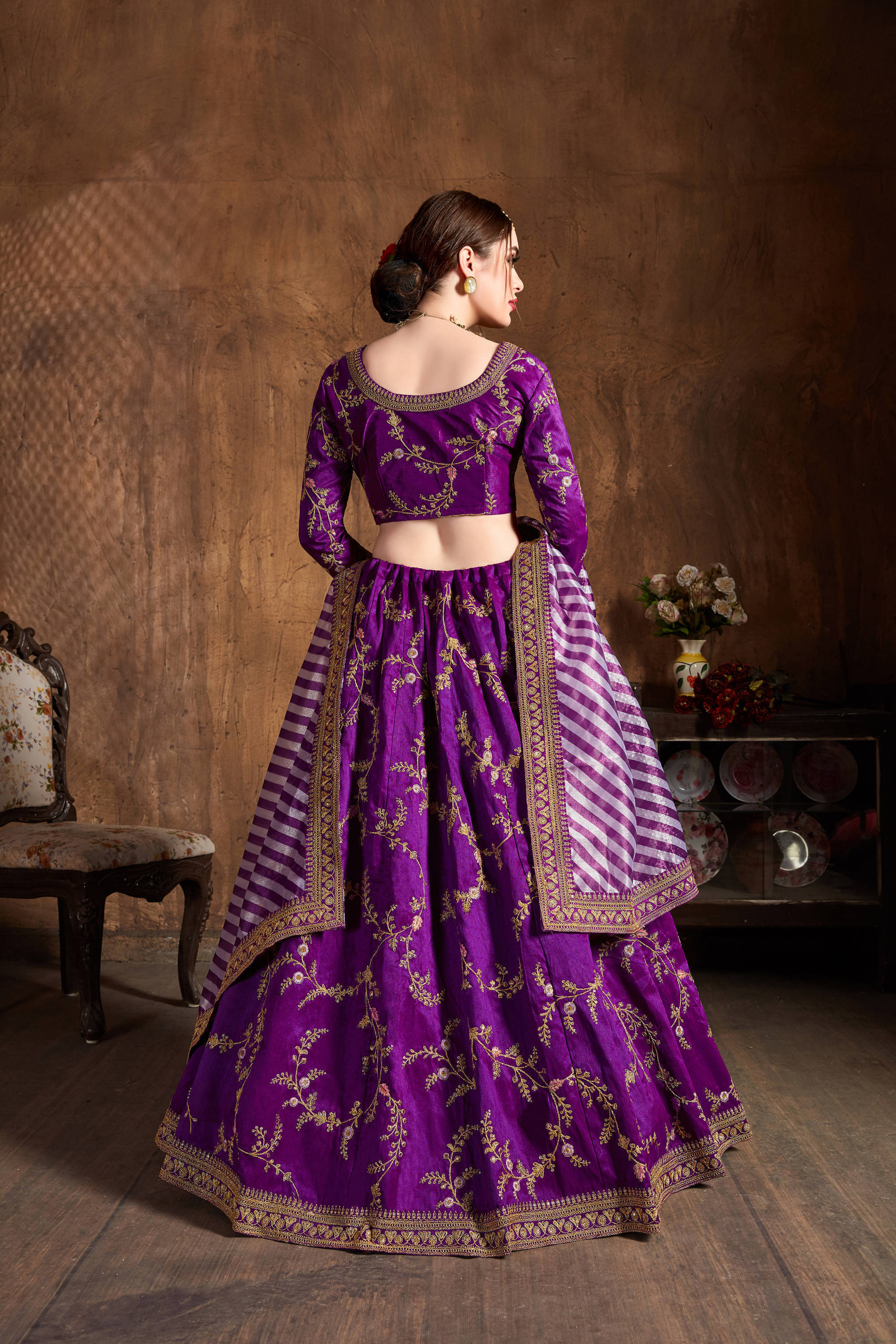 Stunning Purple Thread Embroidery Mulberry Silk Wedding Lehenga Choli