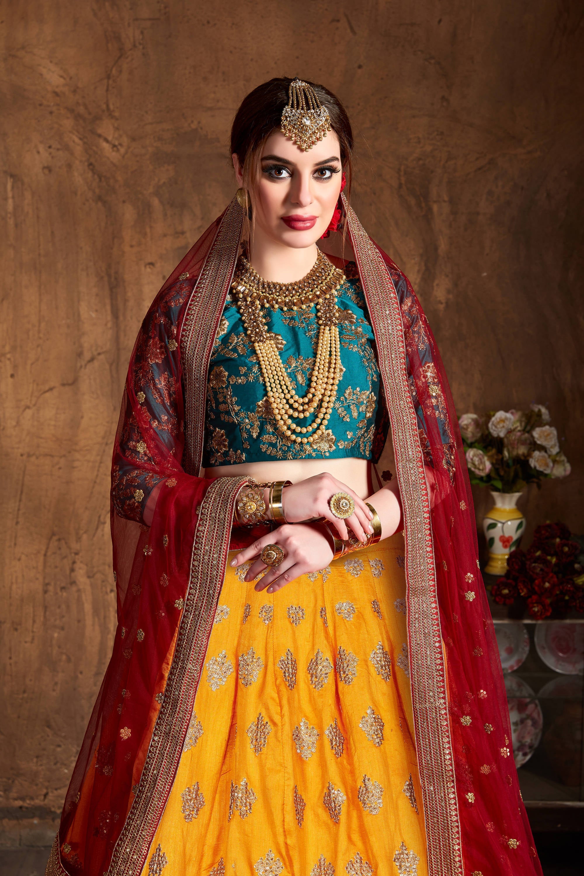 Gleaming Teal Green-Yellow Embroidery Banarasi Silk Wedding Lehenga Choli