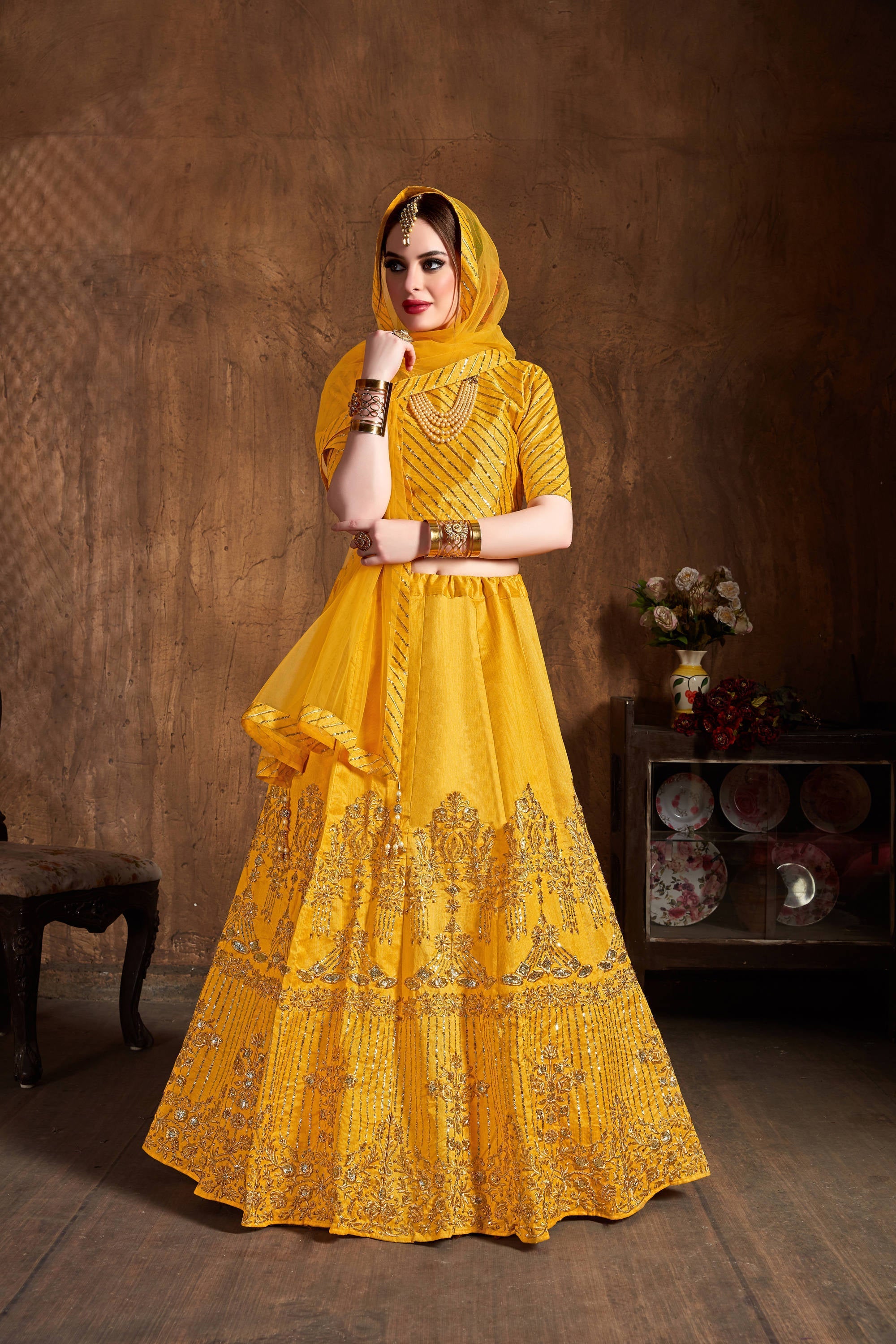 Preferable Yellow Sequins Art Silk Wedding Lehenga Choli