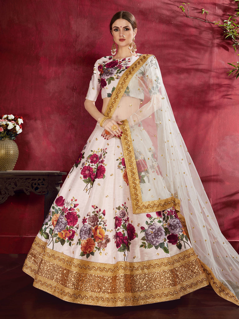 Amazing Off-White Floral Printed Banglory Silk Wedding Lehenga Choli