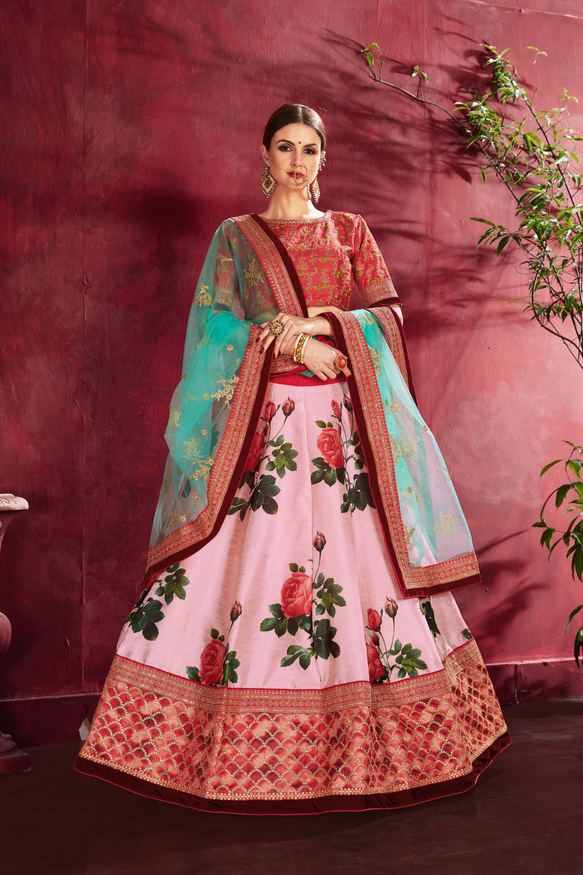 Phenomenal Rose Pink Floral Printed Banglory Silk Wedding Lehenga Choli