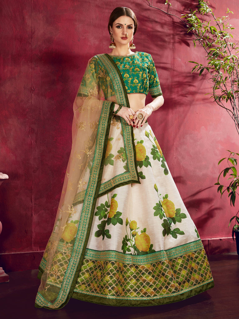 Eye-Catching Green Floral Printed Banglory Silk Wedding Lehenga Choli