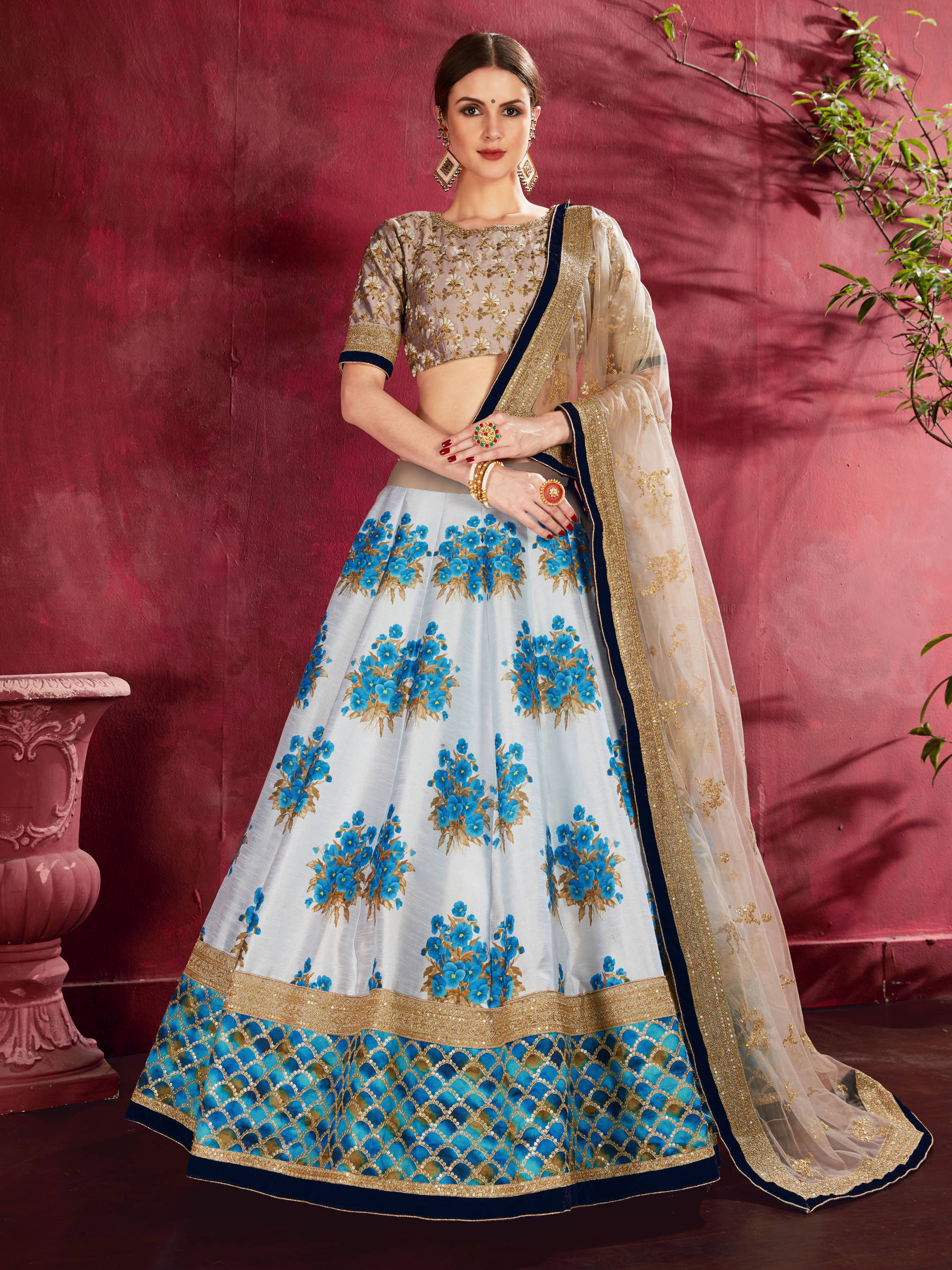 Charming Blue Floral Printed Banglory Silk Wedding Lehenga Choli