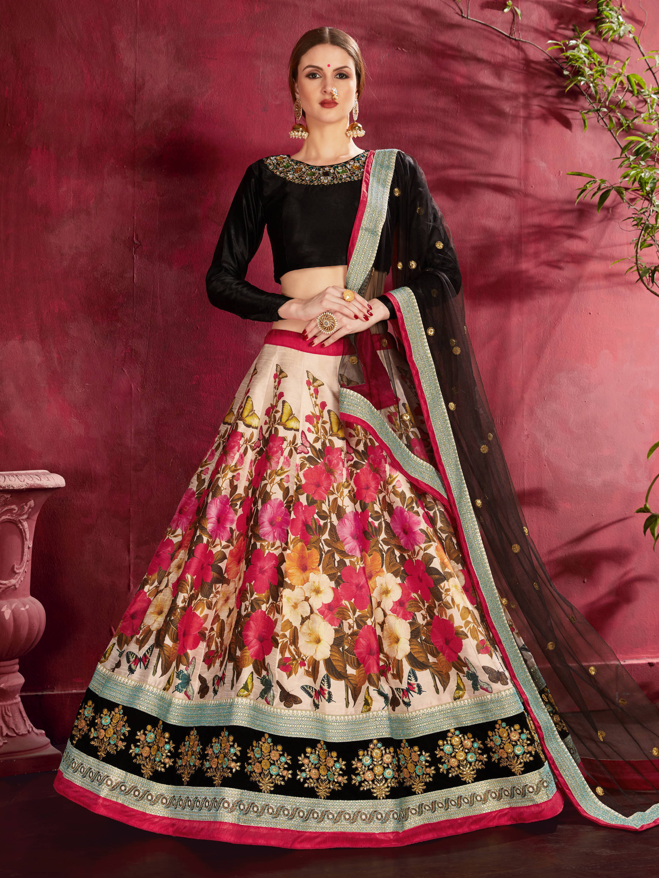 Sizzling Multi Color-Black Floral Printed Banglory Silk Wedding Lehenga Choli With Dupatta
