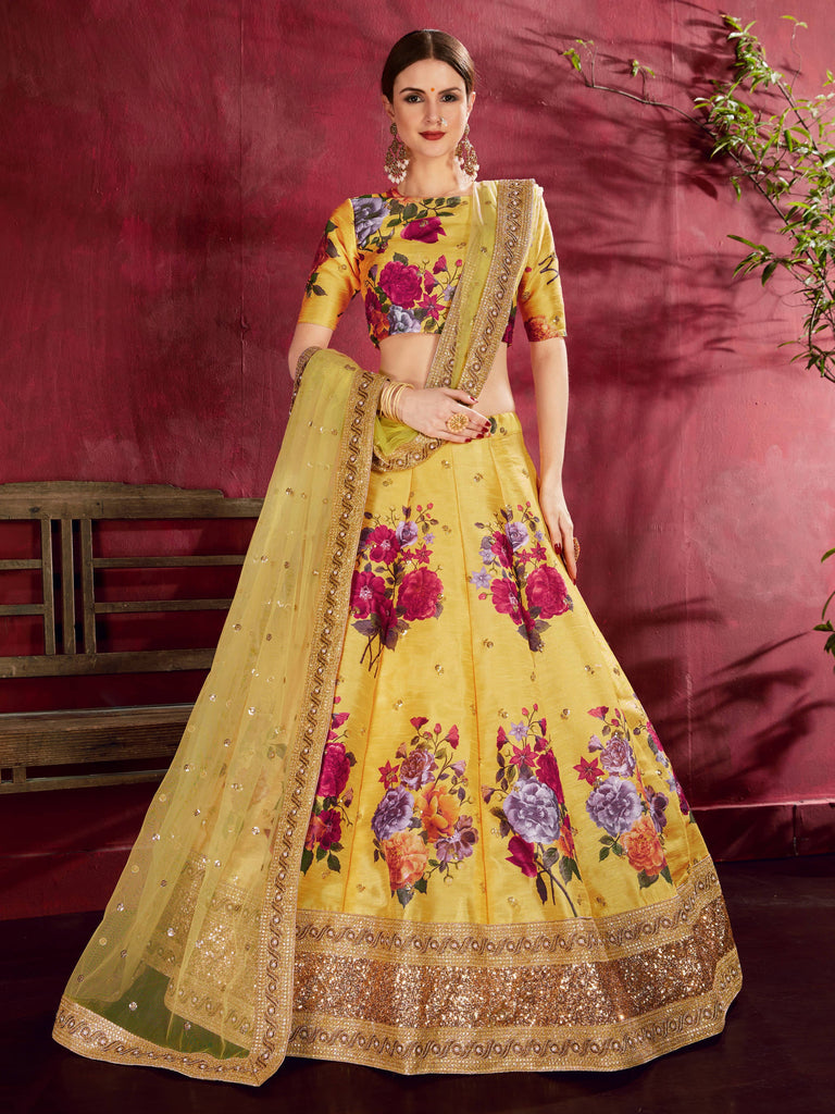 Gorgeous Yellow Floral Printed Banglory Silk Wedding Lehenga Choli With Dupatta