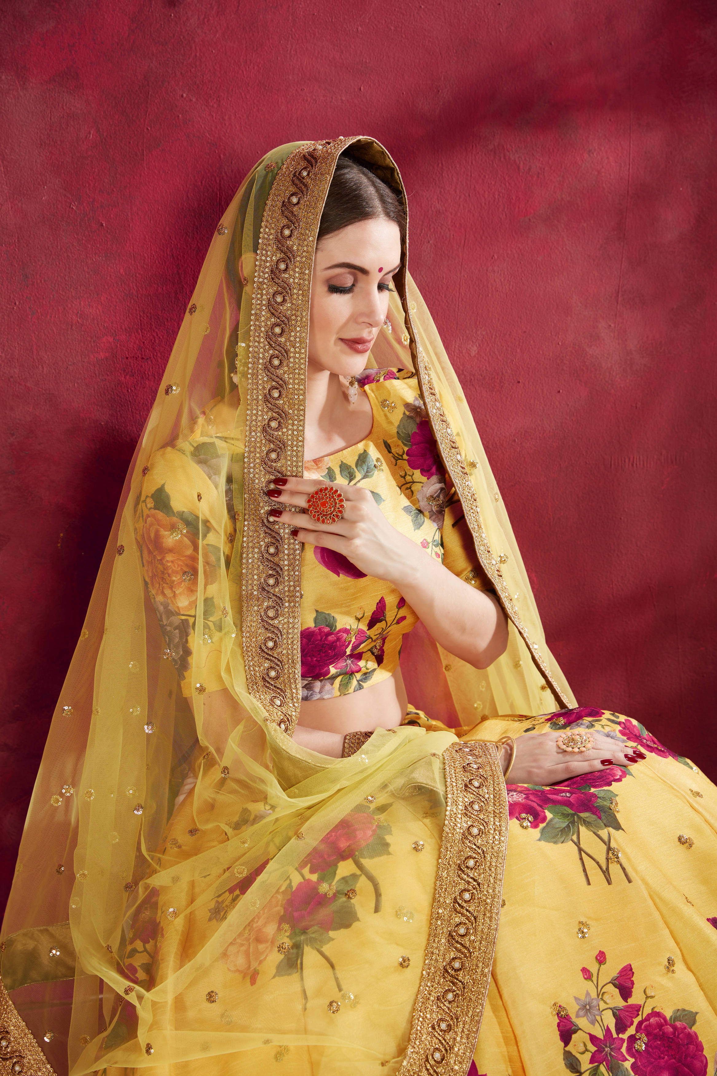 Gorgeous Yellow Floral Printed Banglory Silk Wedding Lehenga Choli With Dupatta